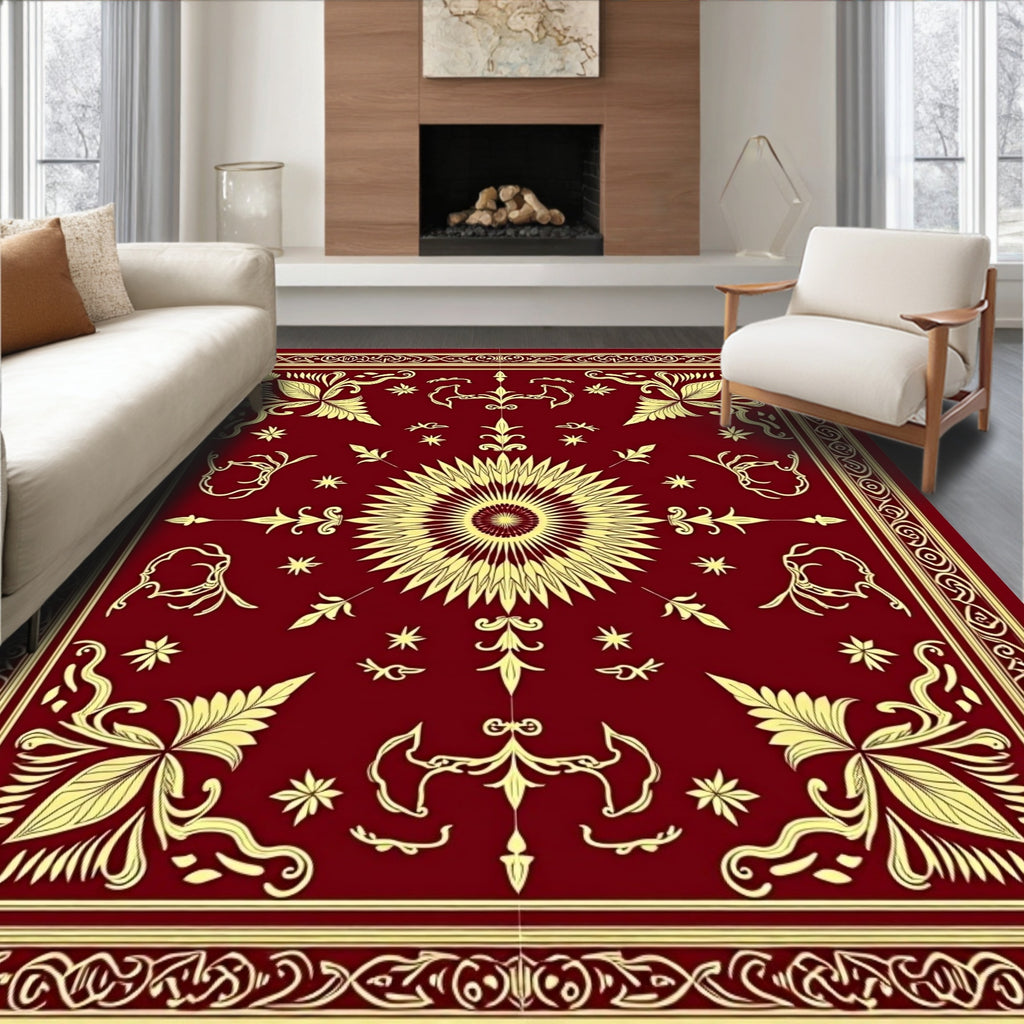 Deep Red Golden Sunburst Floral Border Rug