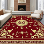 Deep Red Golden Sunburst Floral Border Rug