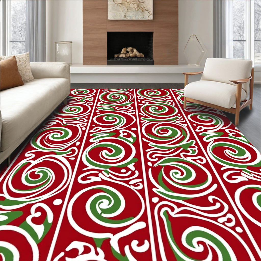 Crimson Green Swirl Vertical Stripe Rug