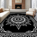 Black White Sunburst Mandala Border Rug