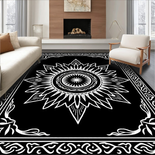 Black White Sunburst Mandala Border Rug