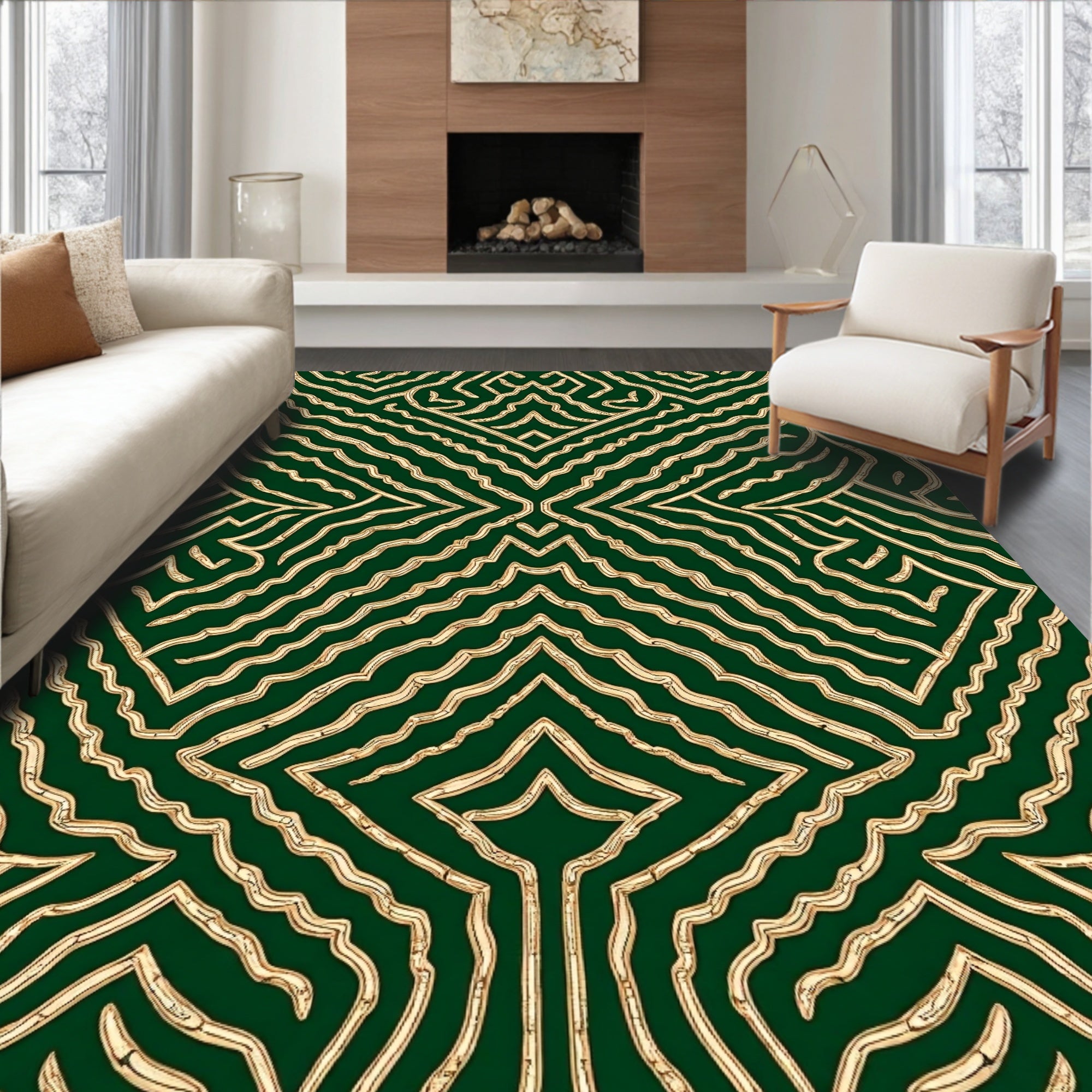 Emerald Green Wavy Lines Geometric Rug