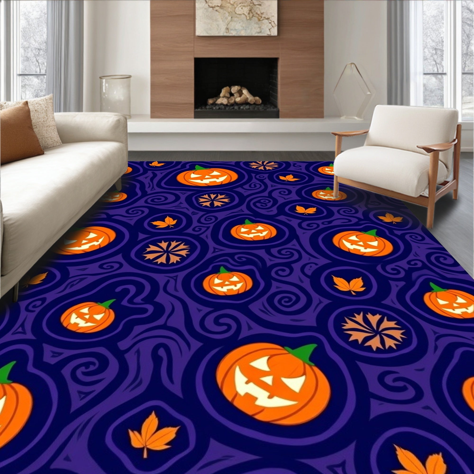 Spooky Orange Jack-o-Lanterns Purple Swirls Rug