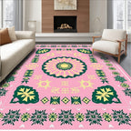 Pink Yellow Green Floral Border Medallion Rug