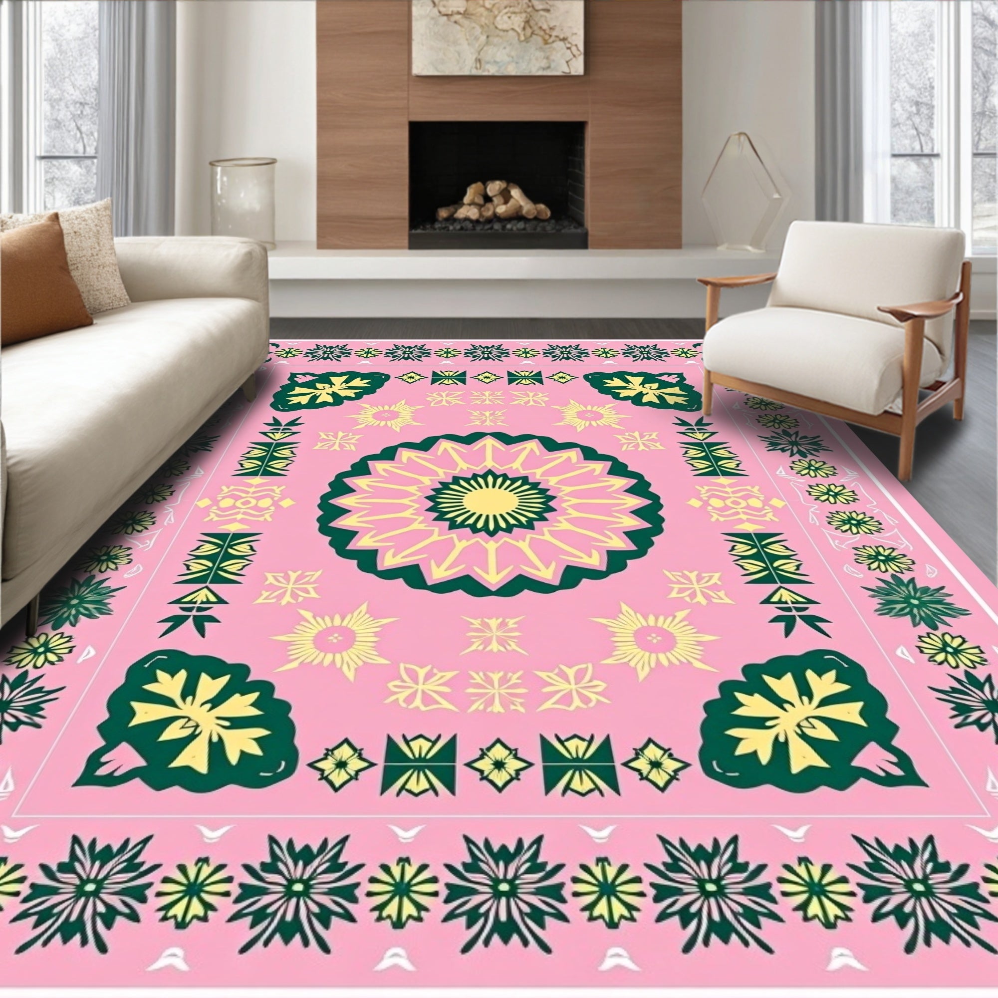 Pink Yellow Green Floral Border Medallion Rug