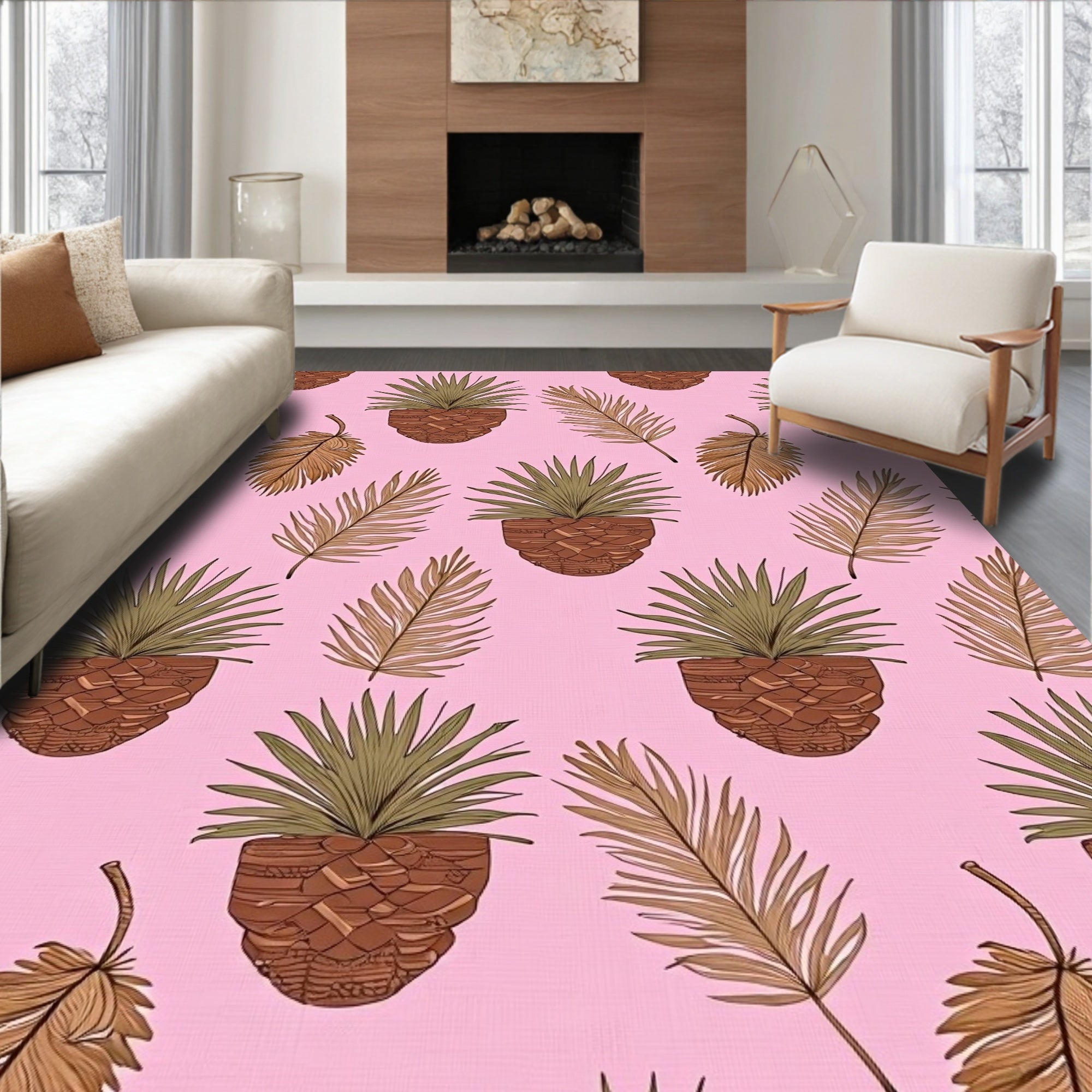 Pink Tropical Palm Leaves Rug