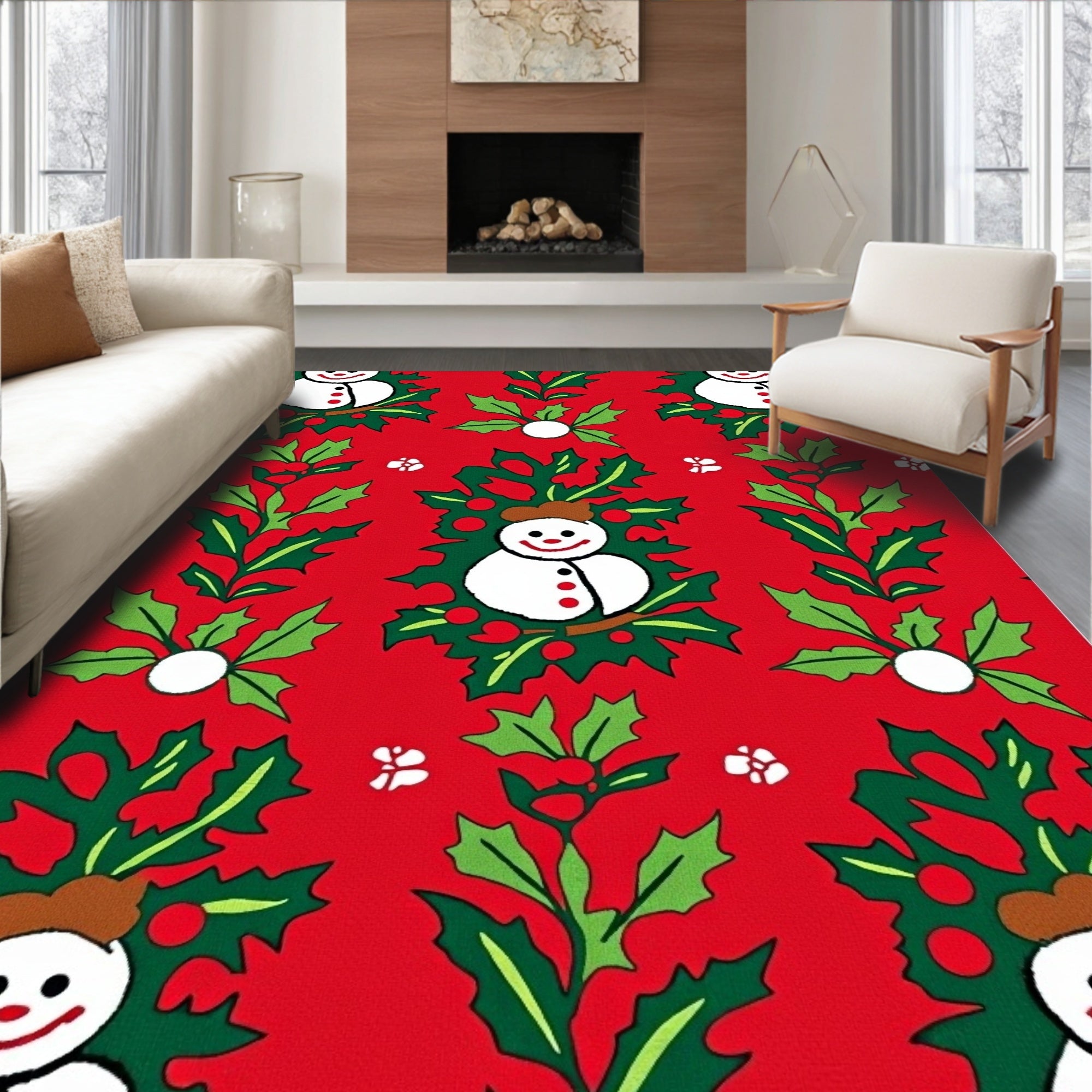 Christmas Snowman Red Holly Berry Rug