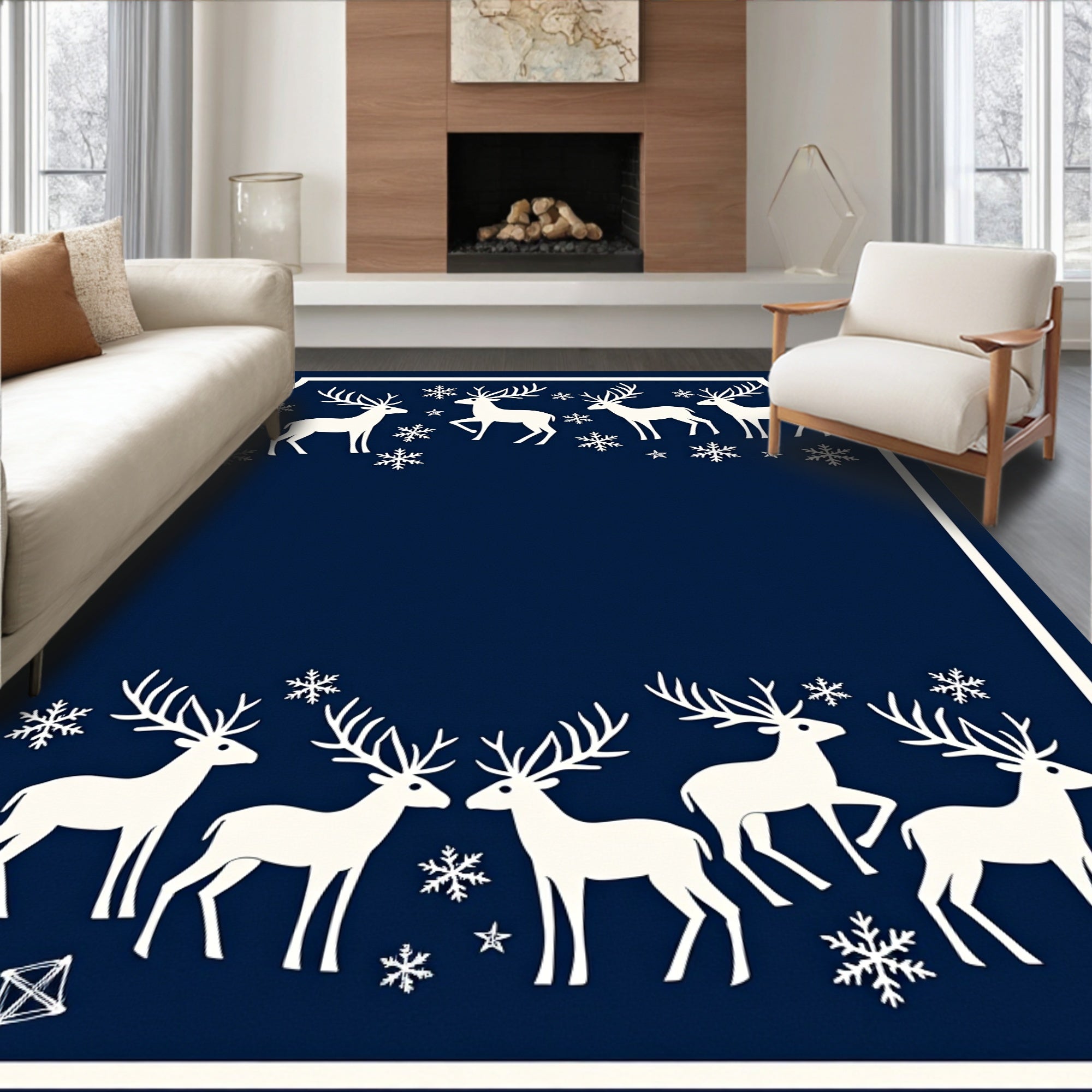 Winter Deer Snowflake Navy Blue Rug
