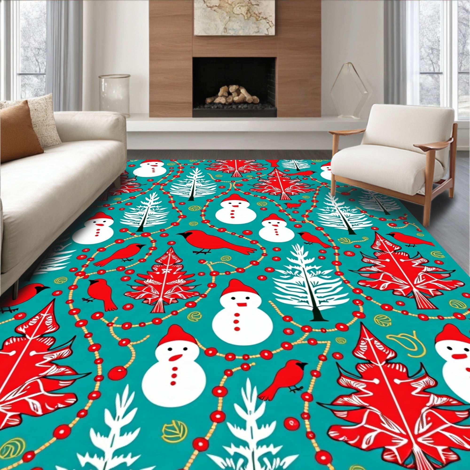 Whimsical Red Cardinal Snowman Trees Rug