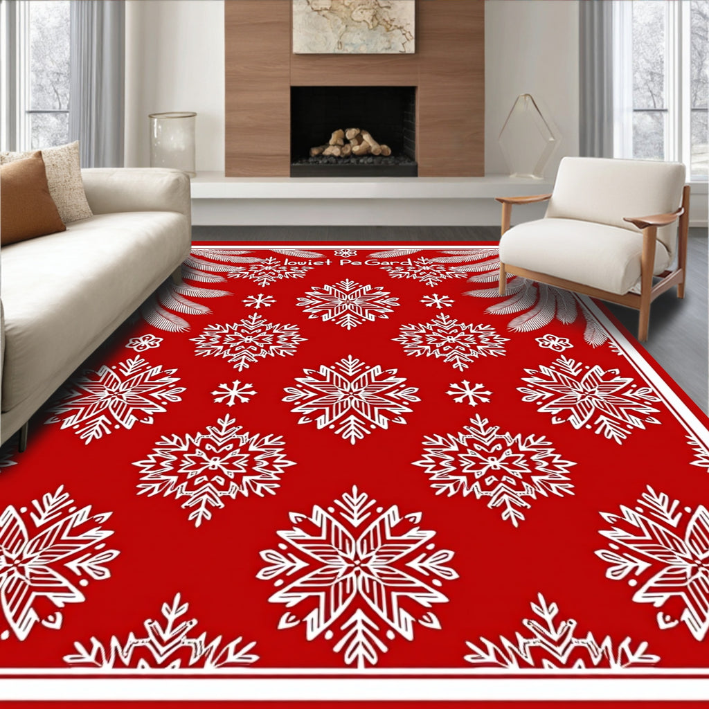 Crimson White Snowflake Floral Border Rug