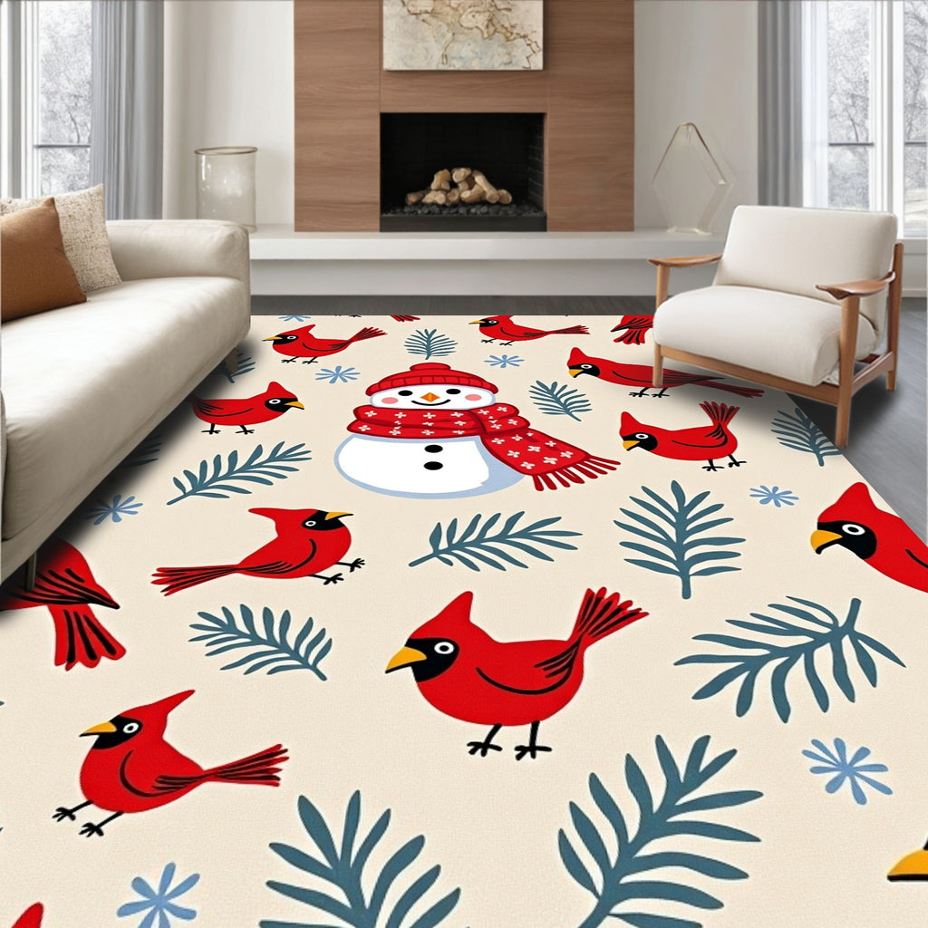 Charming Red Cardinals Snowman Winter Scene Rug