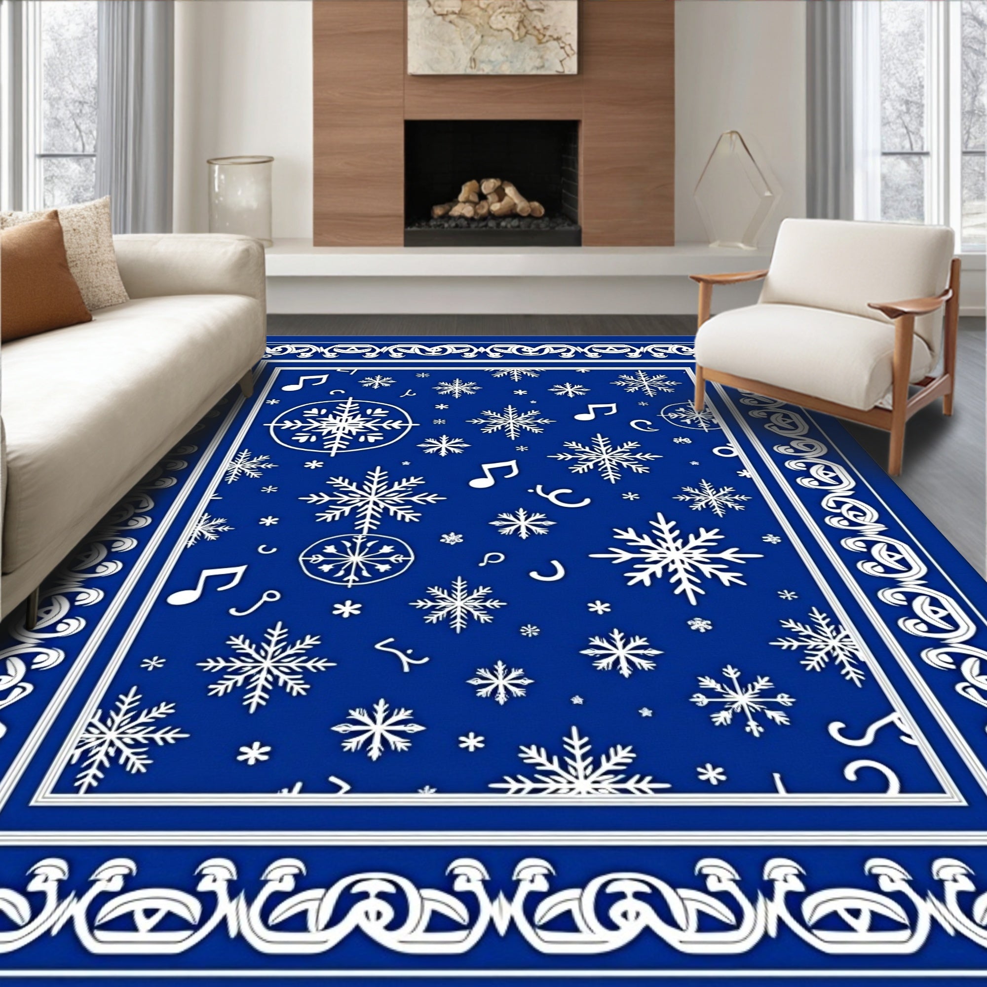 Royal Blue Snowflake Music Notes Rug