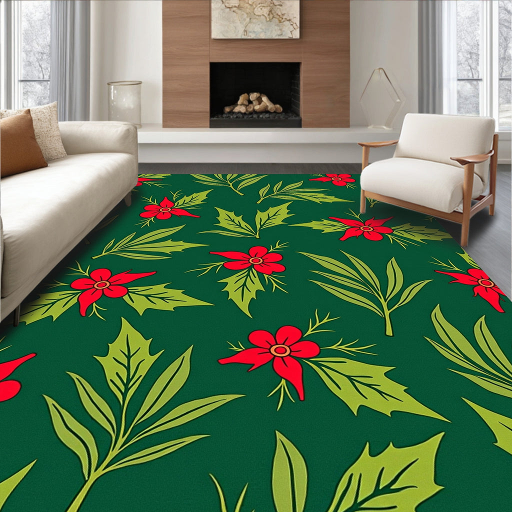 Crimson Floral Holly Garland Rug