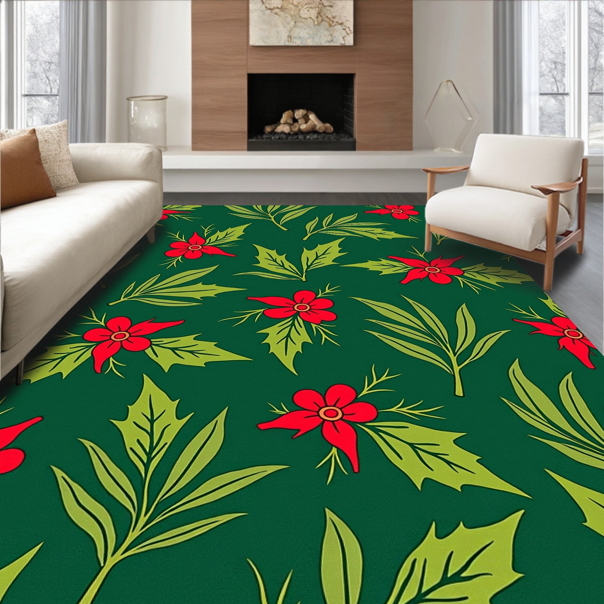 Crimson Floral Holly Garland Rug