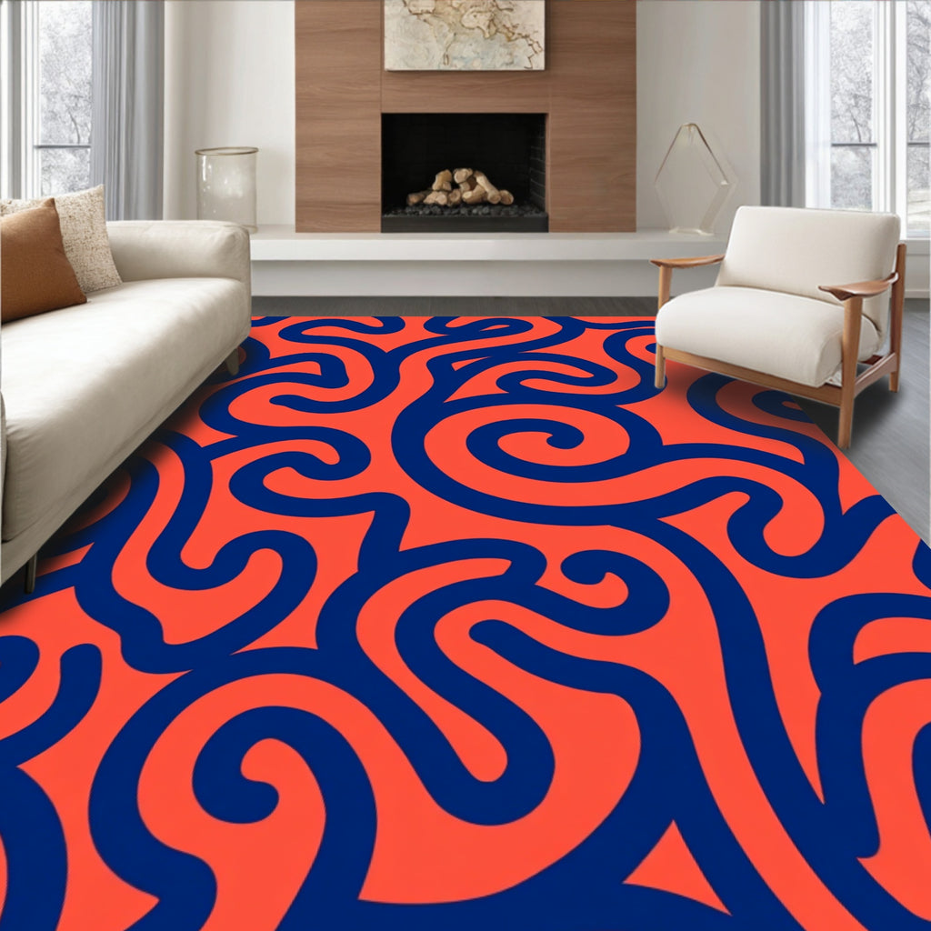 Coral Abstract Swirl Navy Lines Rug