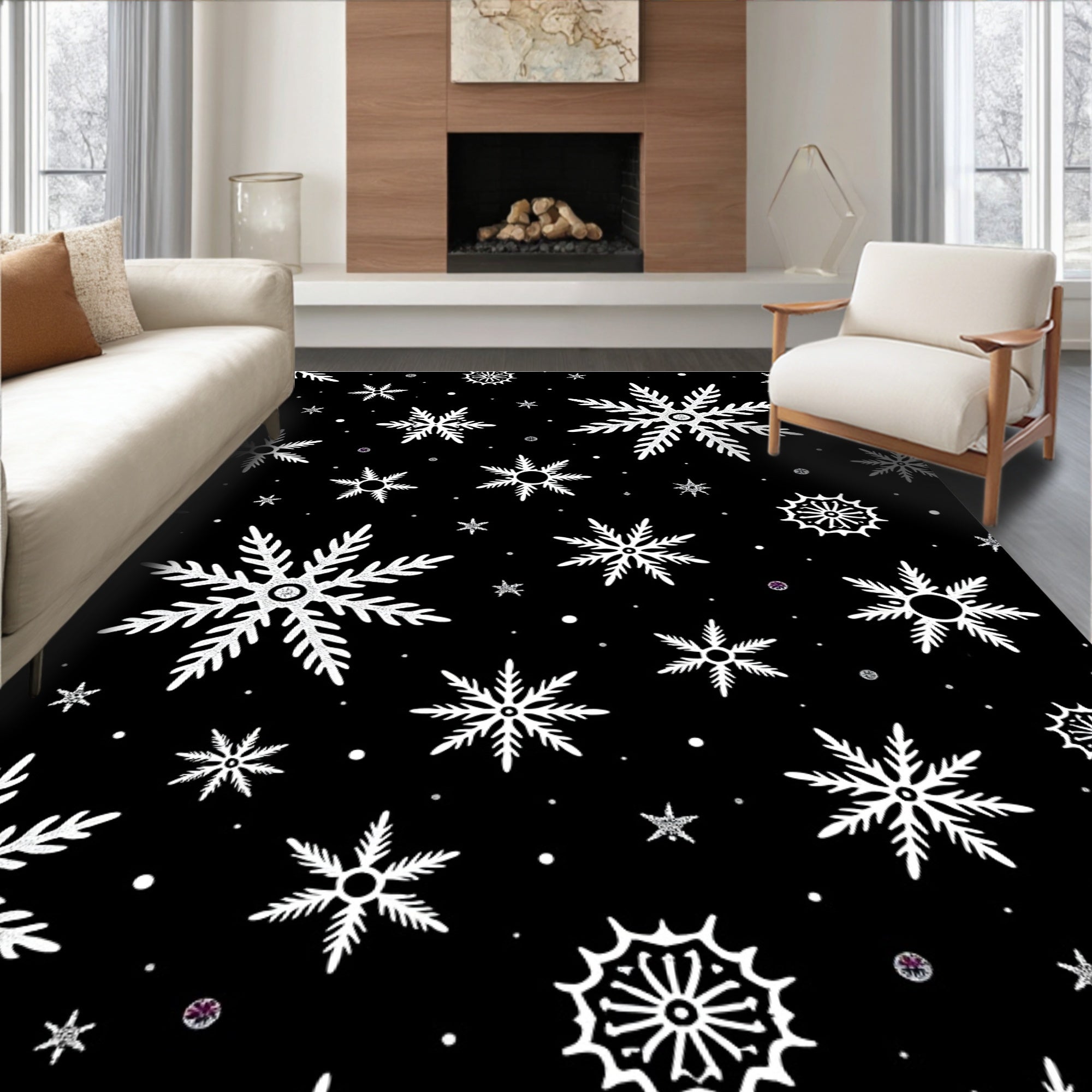 Black White Snowflake Winter Scene Rug