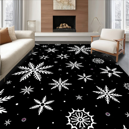 Black White Snowflake Winter Scene Rug