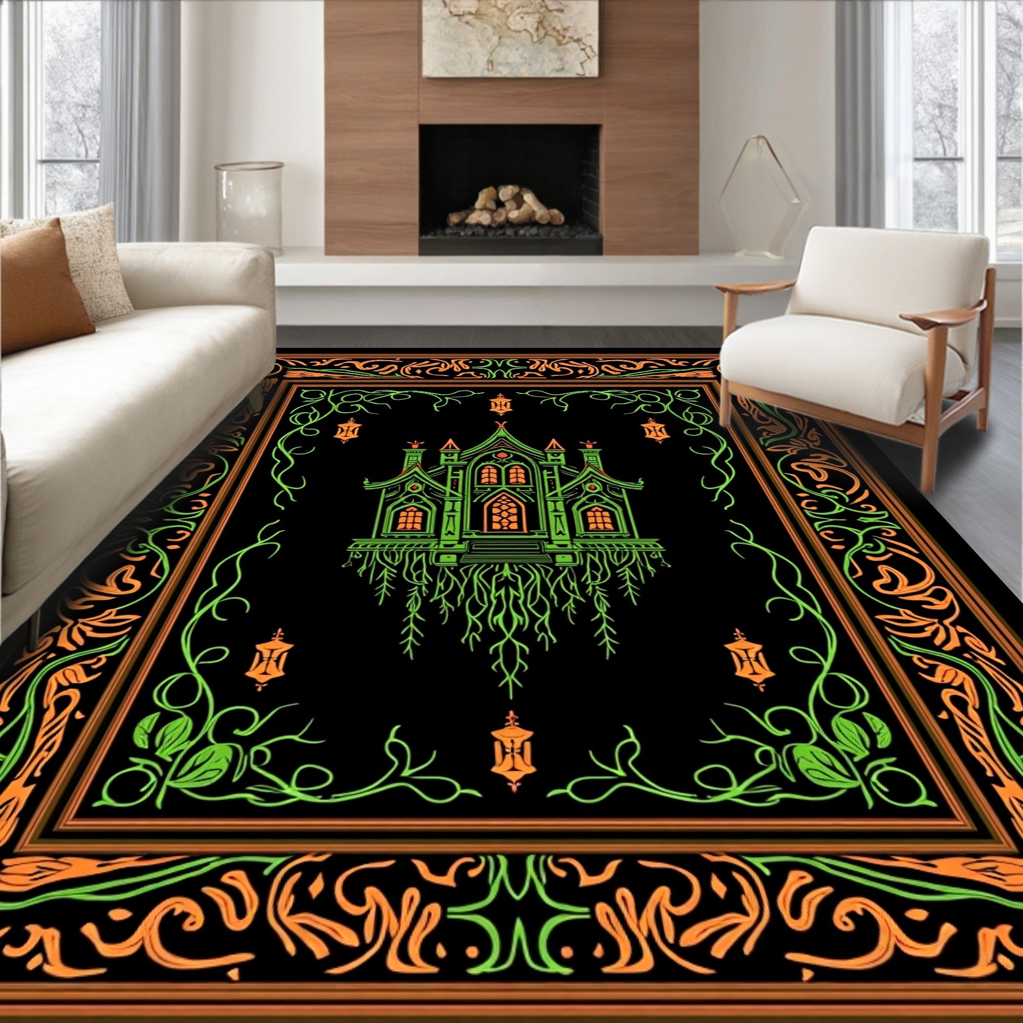 Gothic Green Haunted House Orange Border Rug