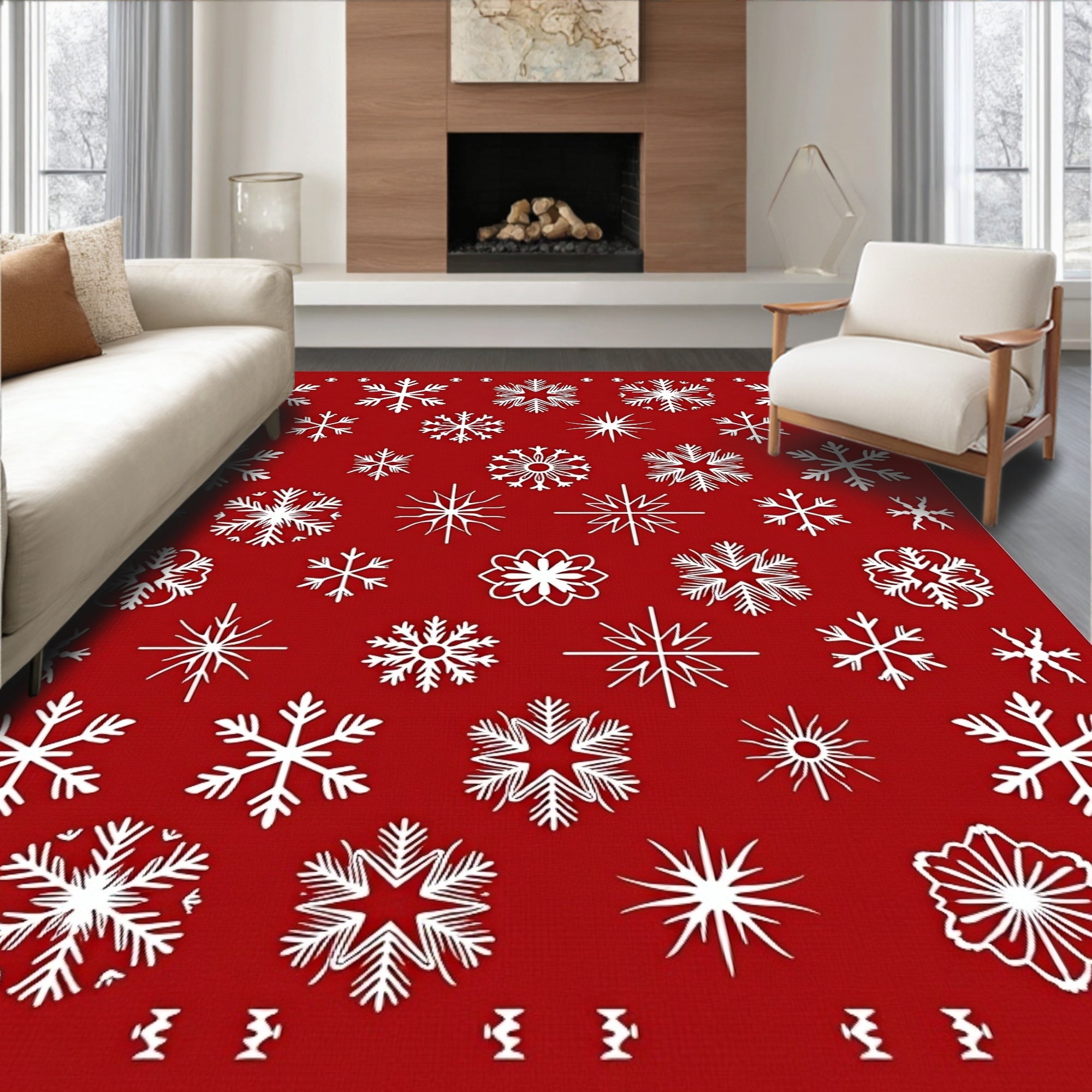 White Snowflakes Red Background Rug