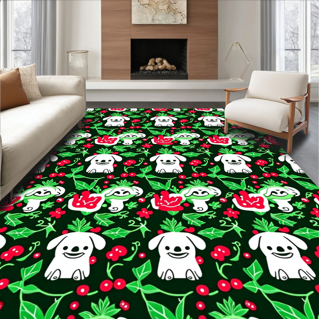 Cute White Dog Merry Christmas Flowers Rug
