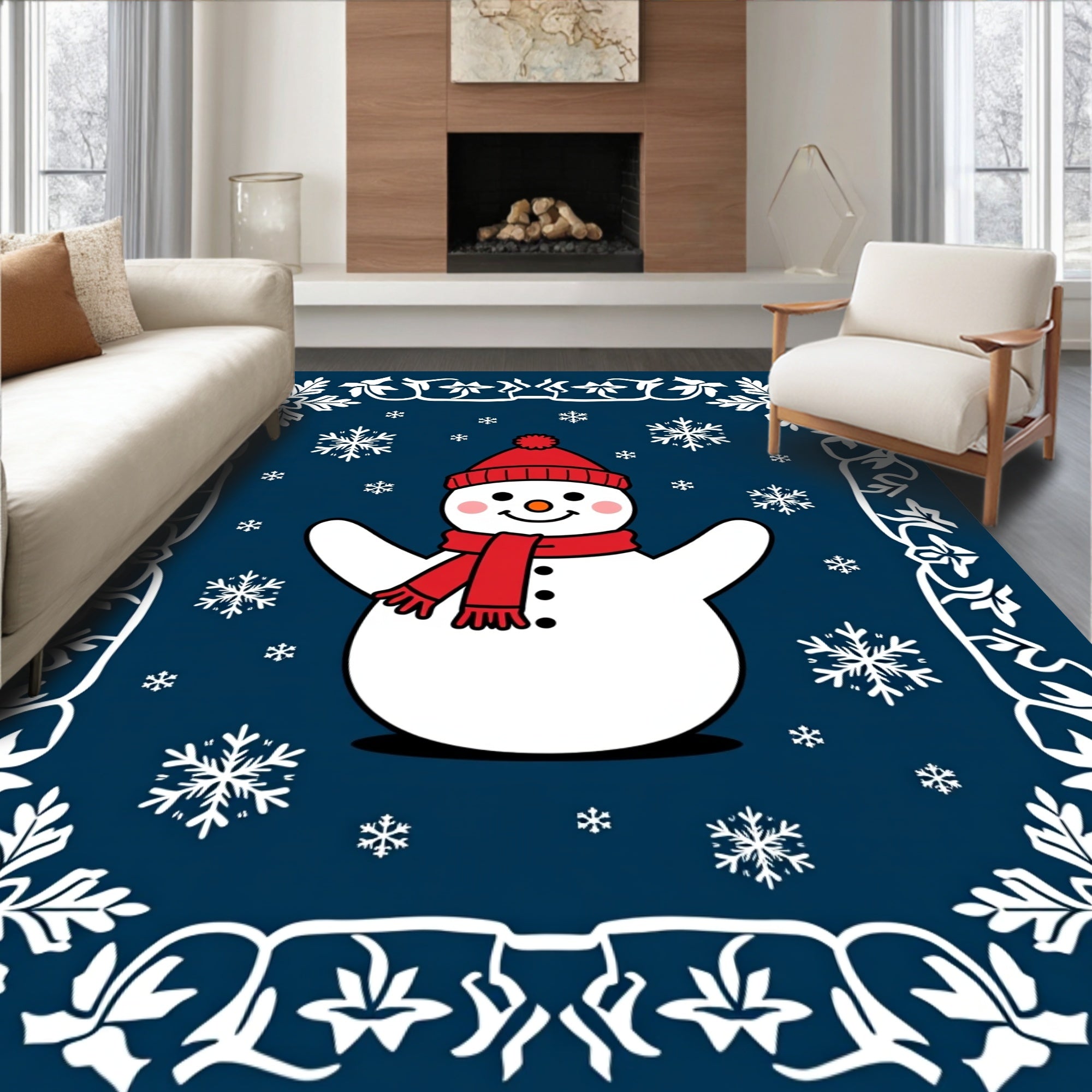 Charming Snowman Red Hat Snowflakes Border Rug