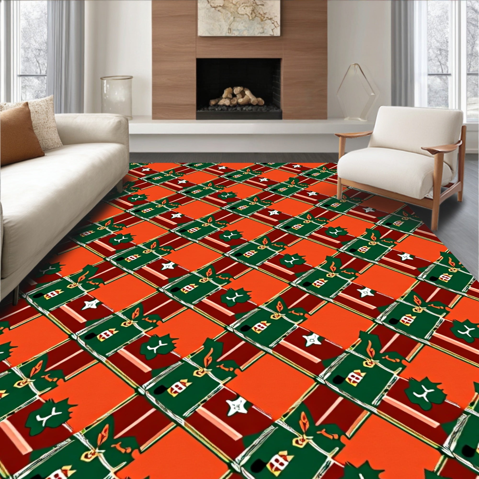 Orange Red Green Plaid Holly Berry Rug