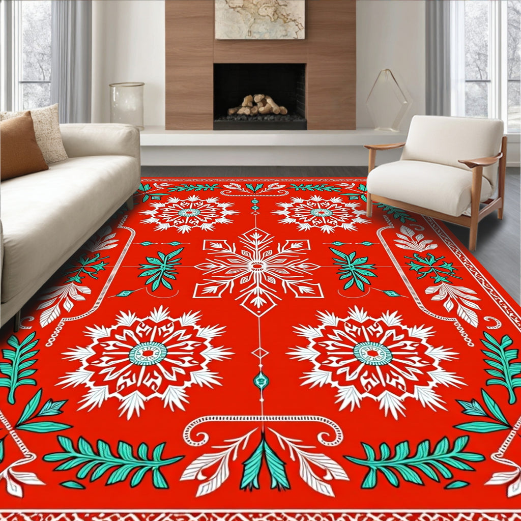 Vibrant Red Snowflake Medallion Arrangement Rug