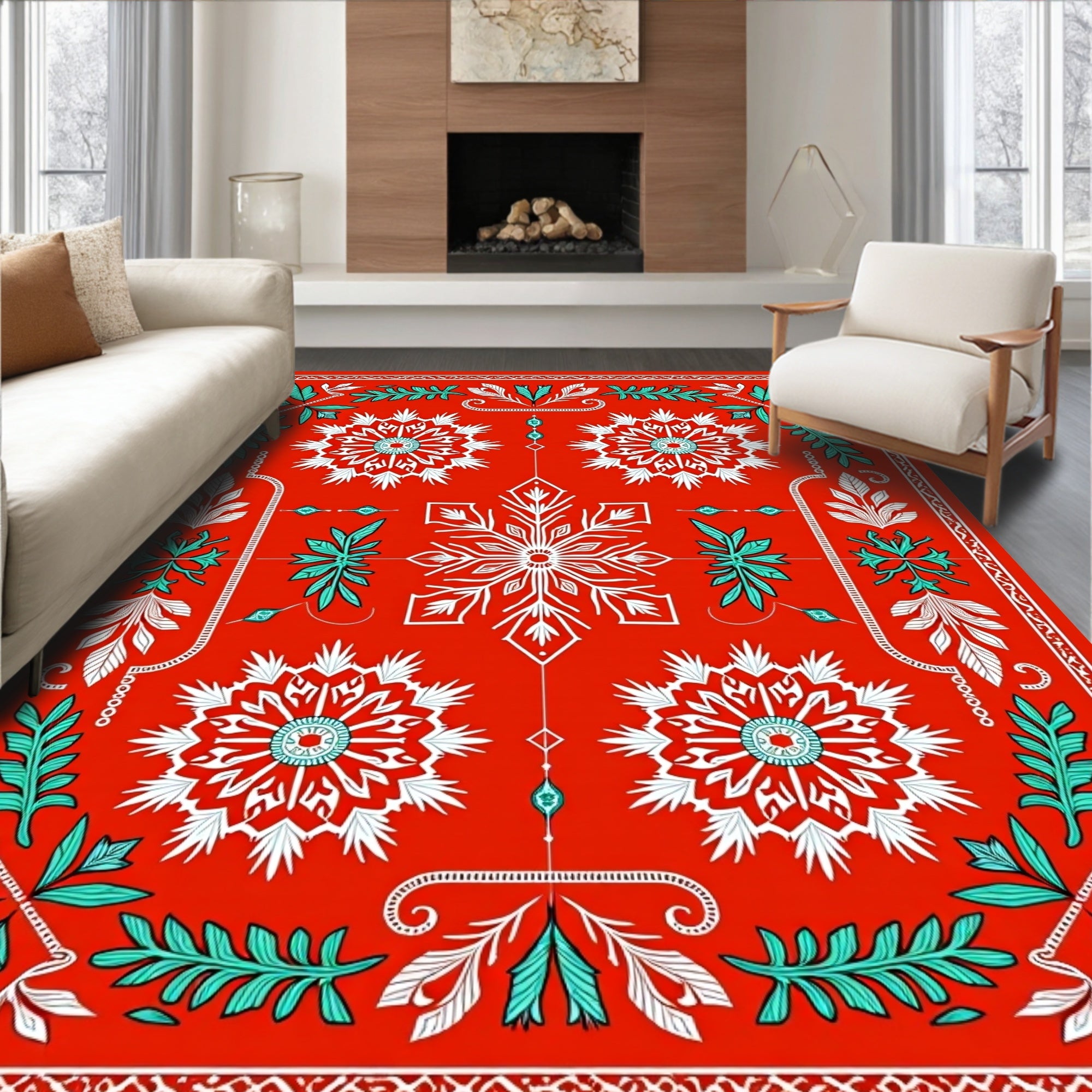 Vibrant Red Snowflake Medallion Arrangement Rug