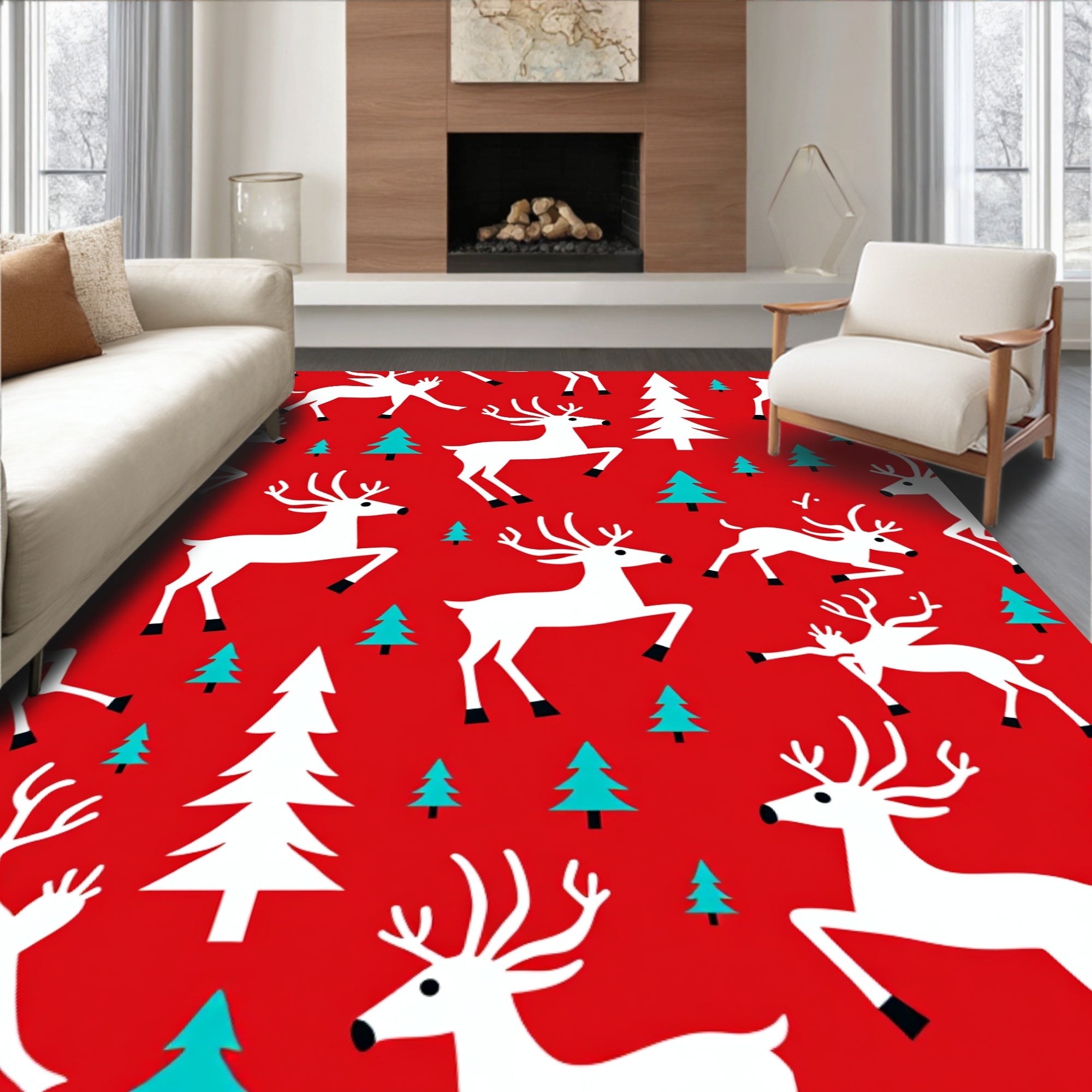 Red White Aqua Reindeer Christmas Trees Rug