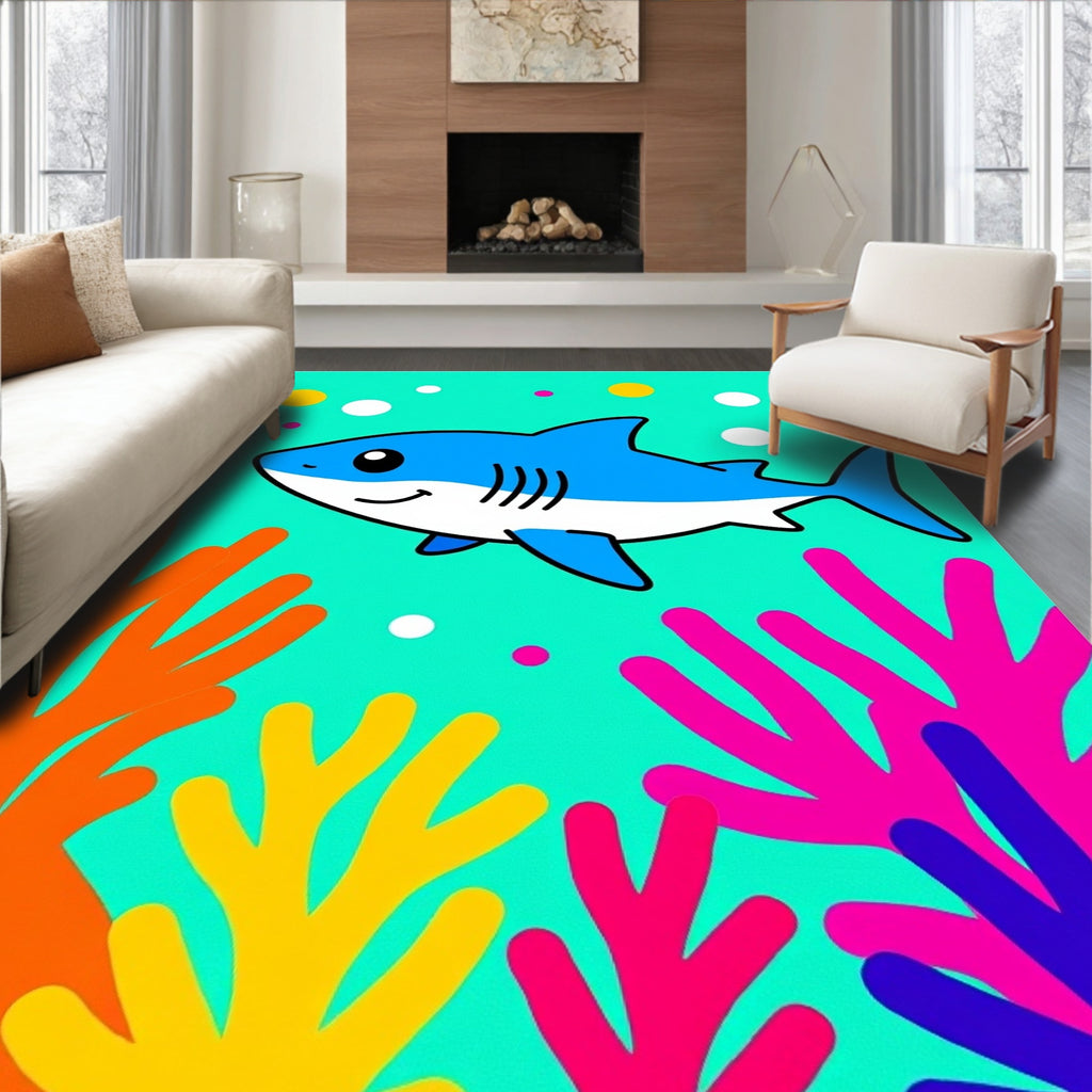 Bright Blue Shark Coral Reef Rug