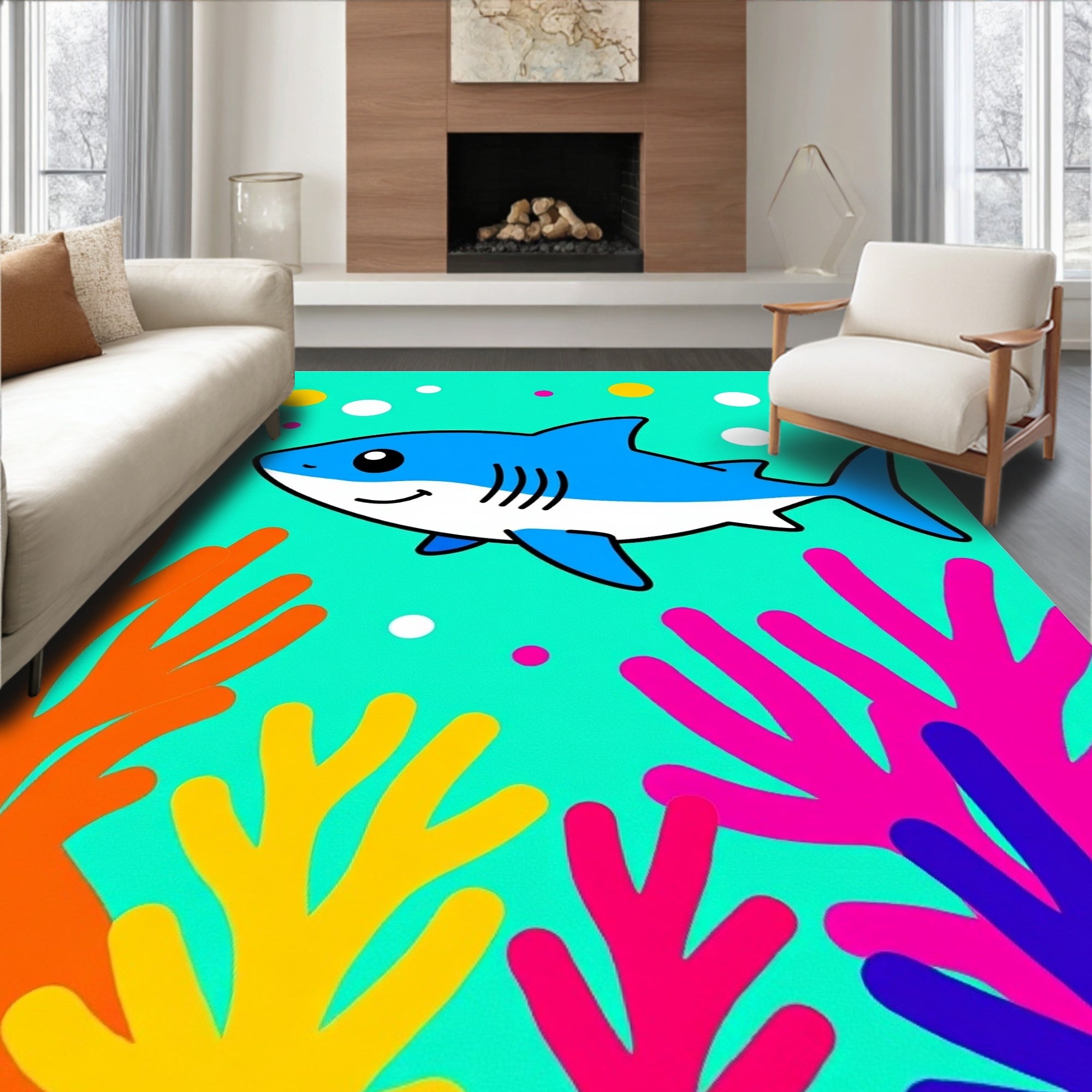Bright Blue Shark Coral Reef Rug