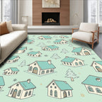 Winter Village Teal Roof Houses Rug