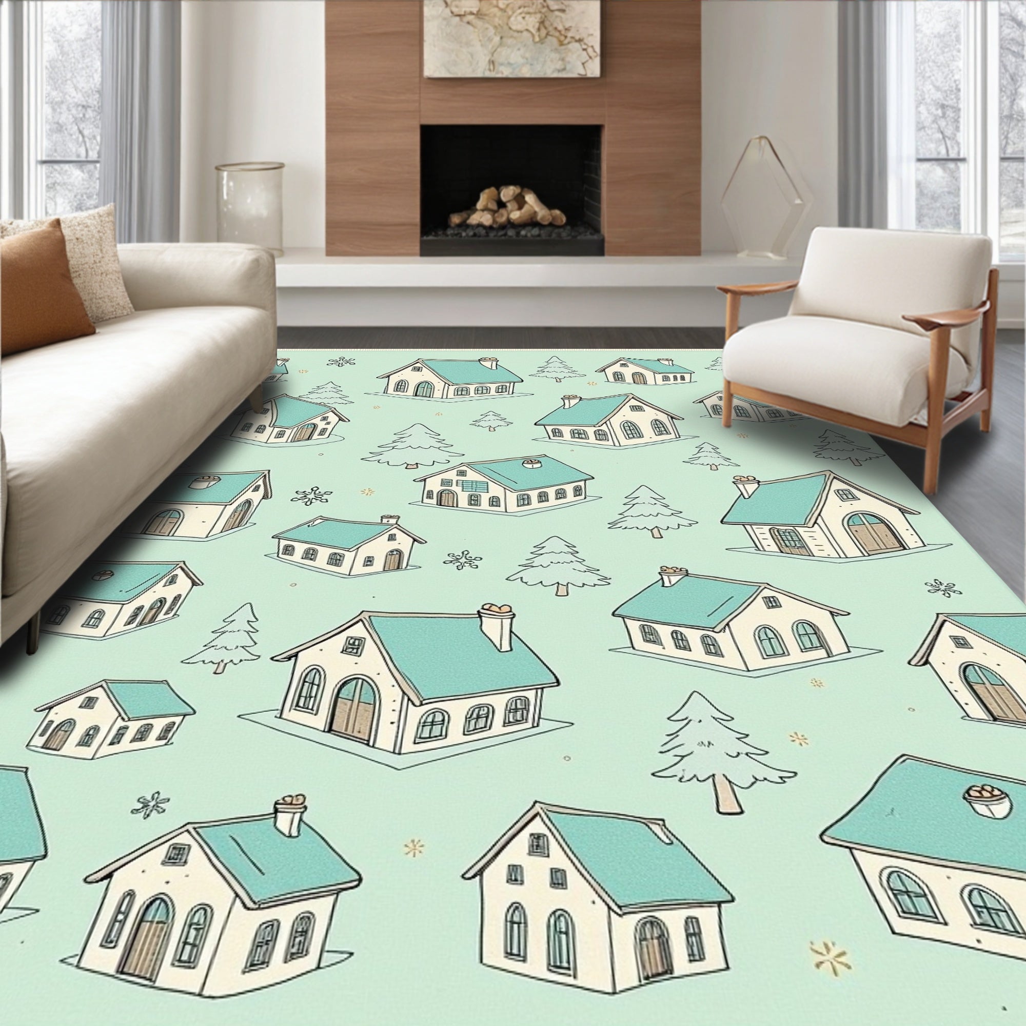 Winter Village Teal Roof Houses Rug