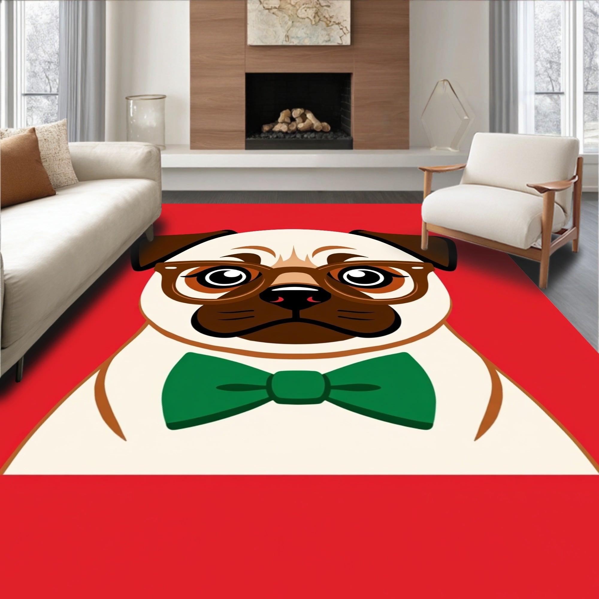 Whimsical Pug with Glasses Green Bowtie Rug