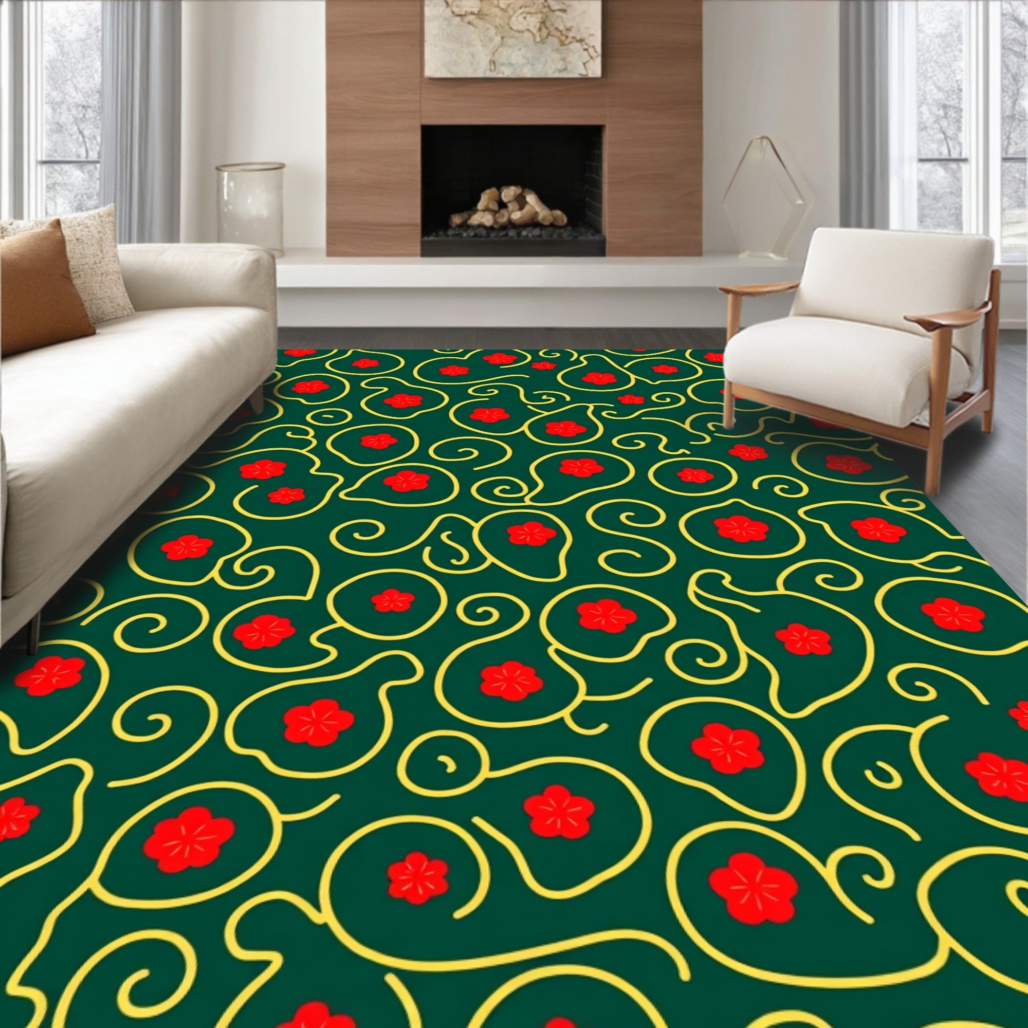 Emerald Red Flower Swirls Rug