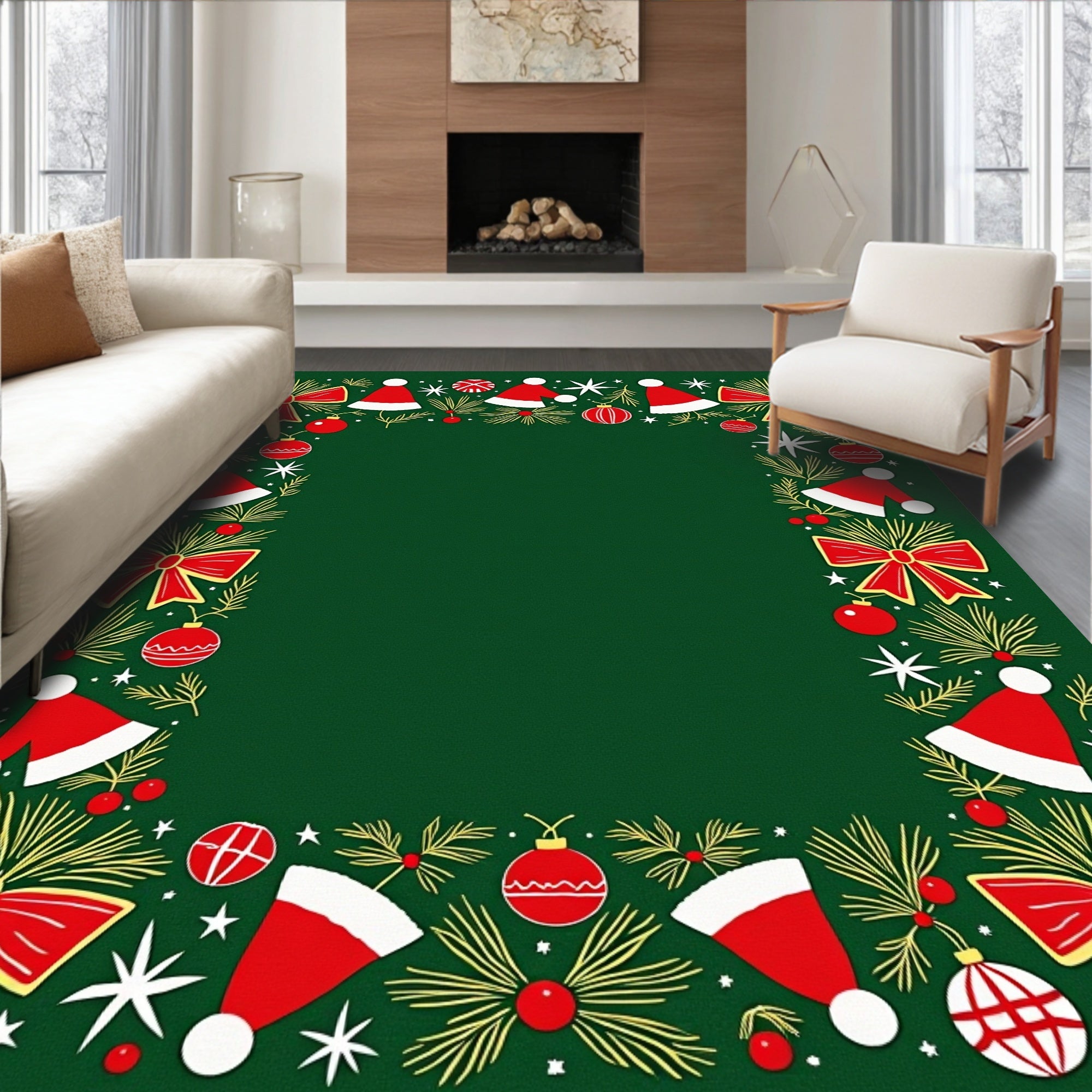 Whimsical Red Ribbon Christmas Hat Border Rug
