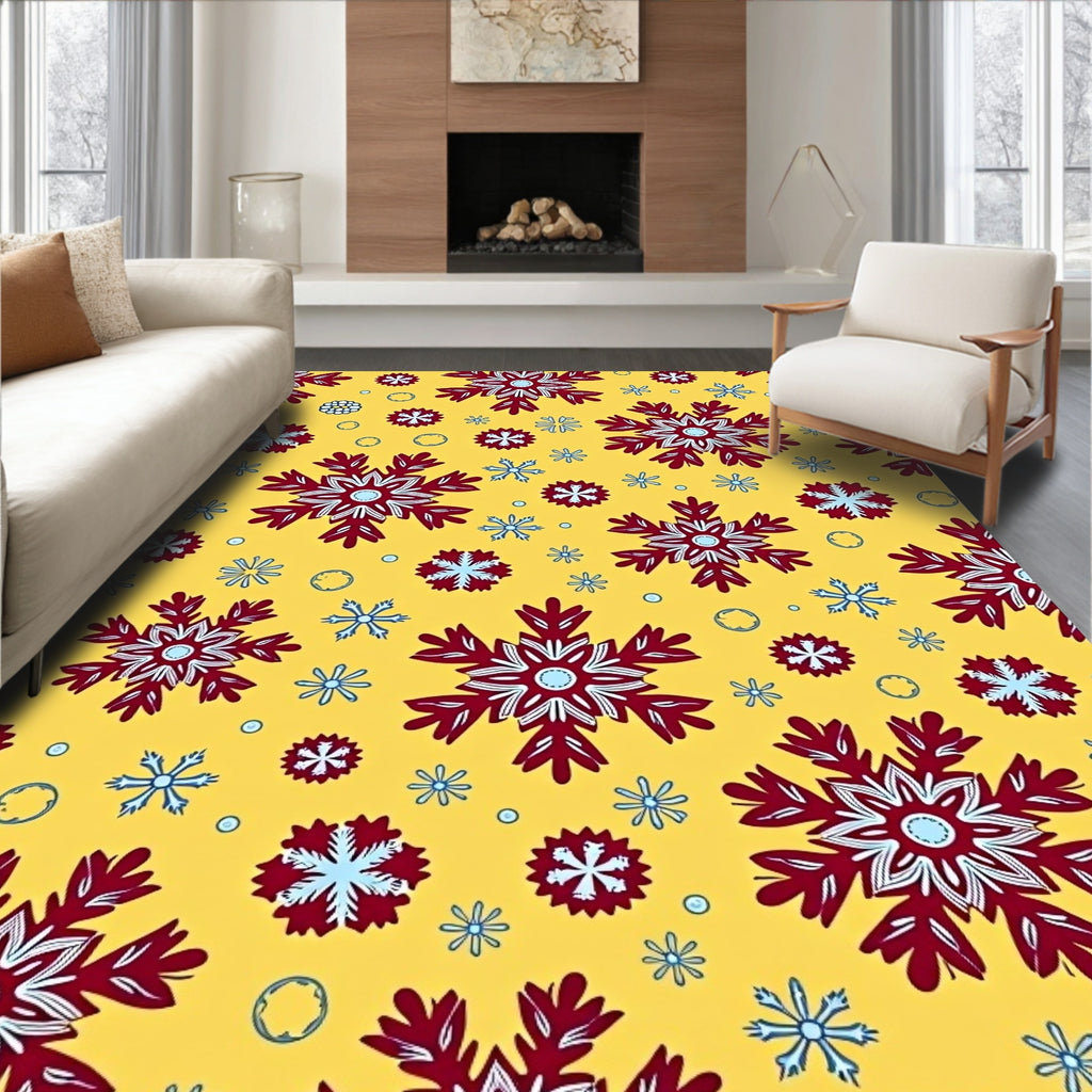 Crimson White Snowflake Collage Yellow Rug