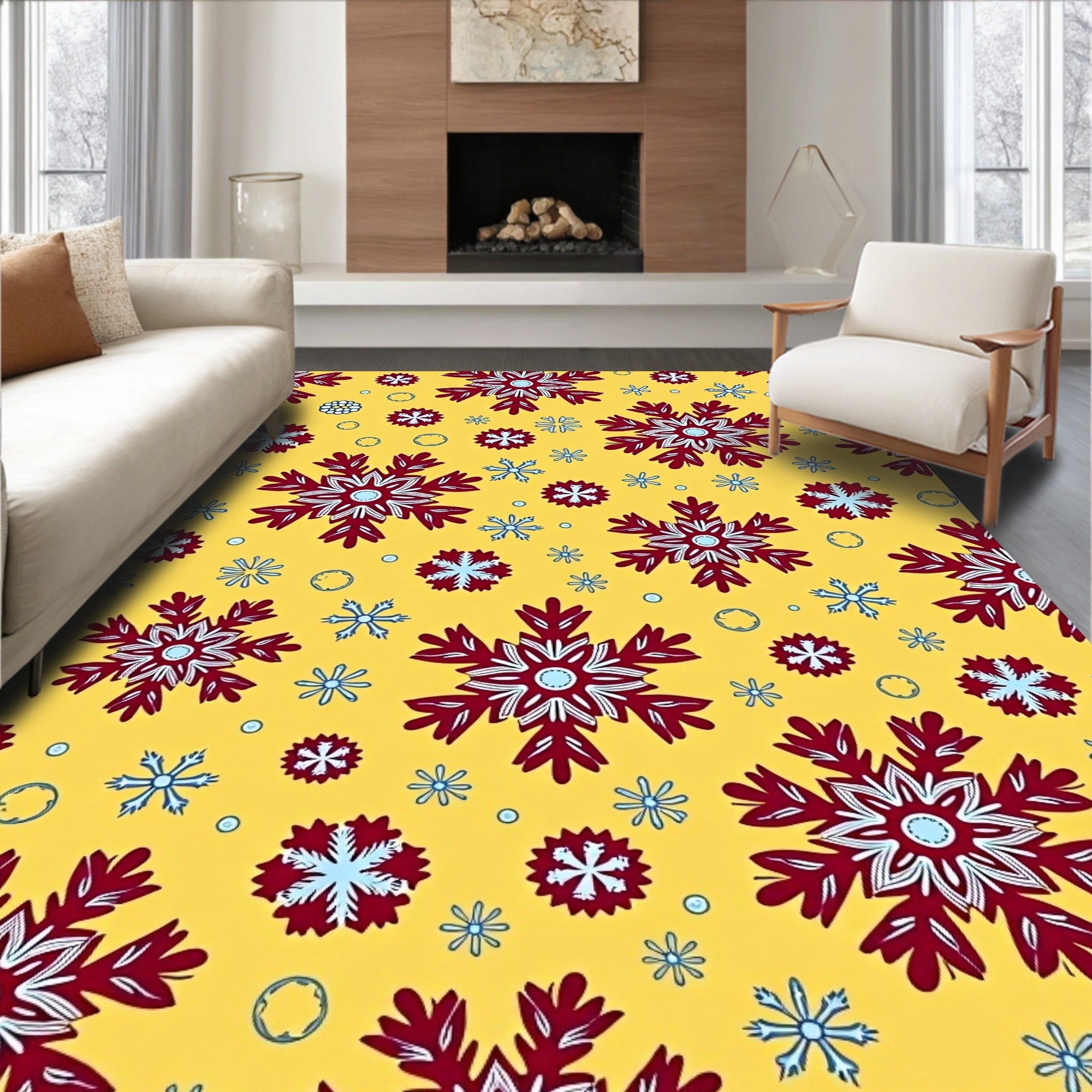 Crimson White Snowflake Collage Yellow Rug