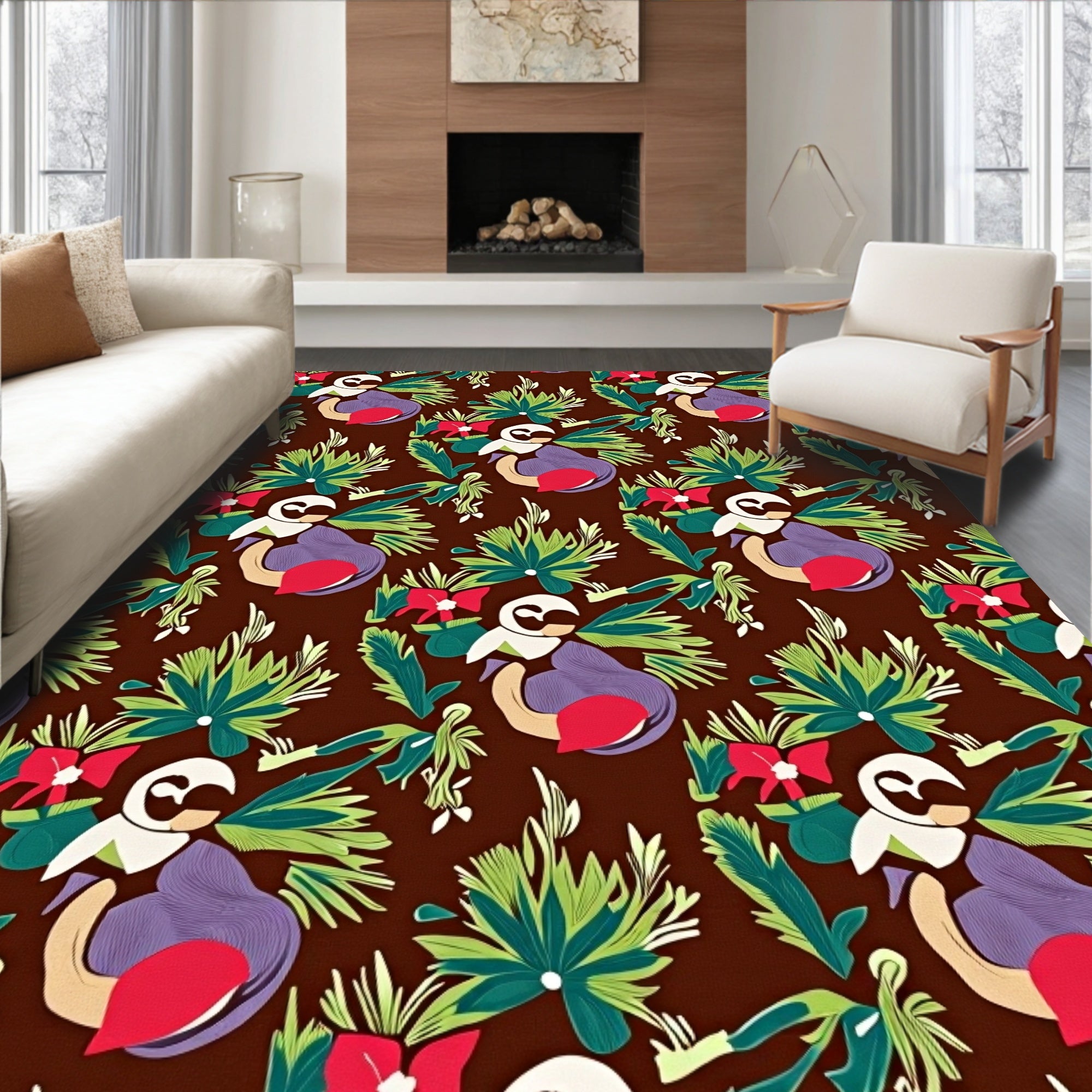 Whimsical Brown Fowl Floral Jungle Rug