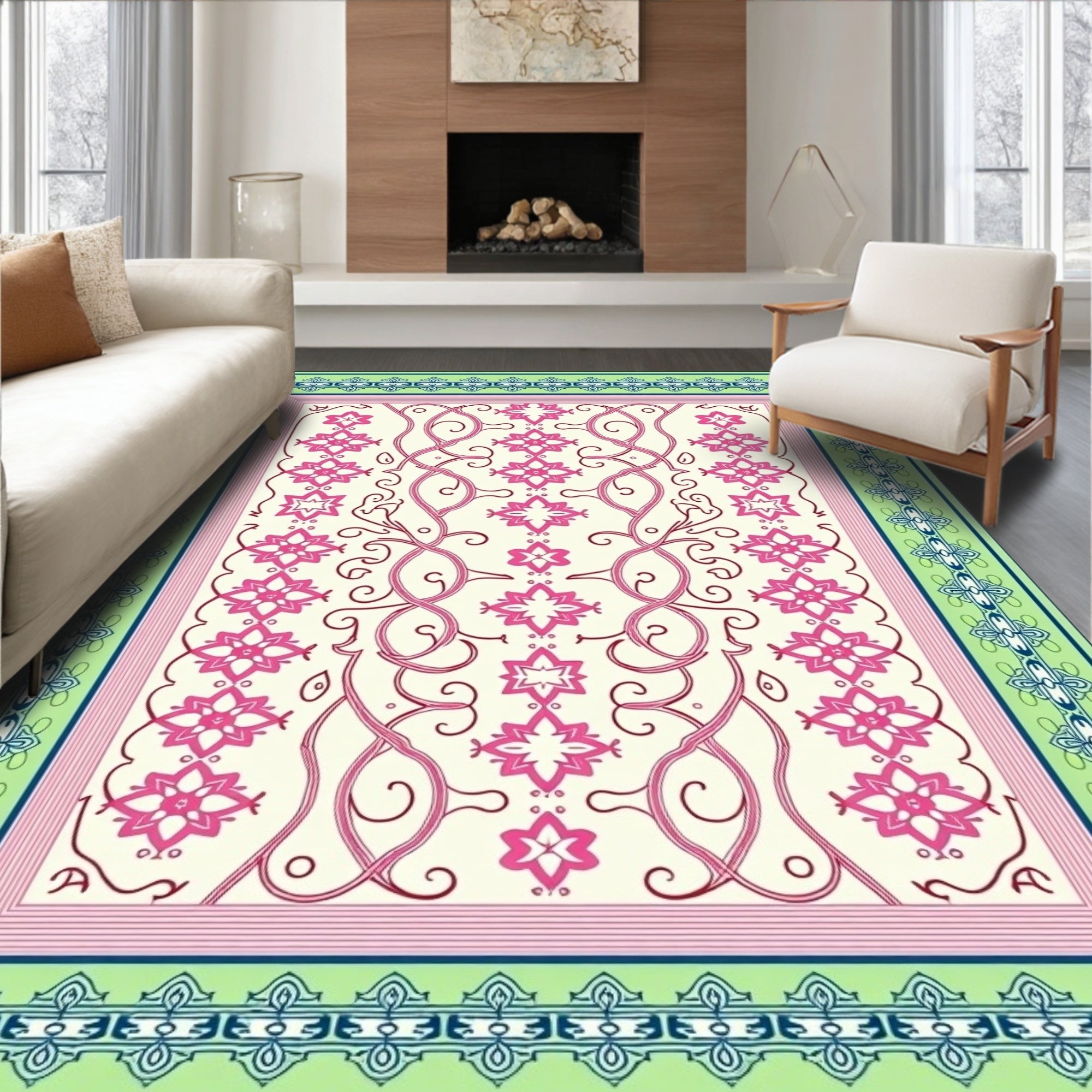 Pink Floral Vine Cream Border Rug