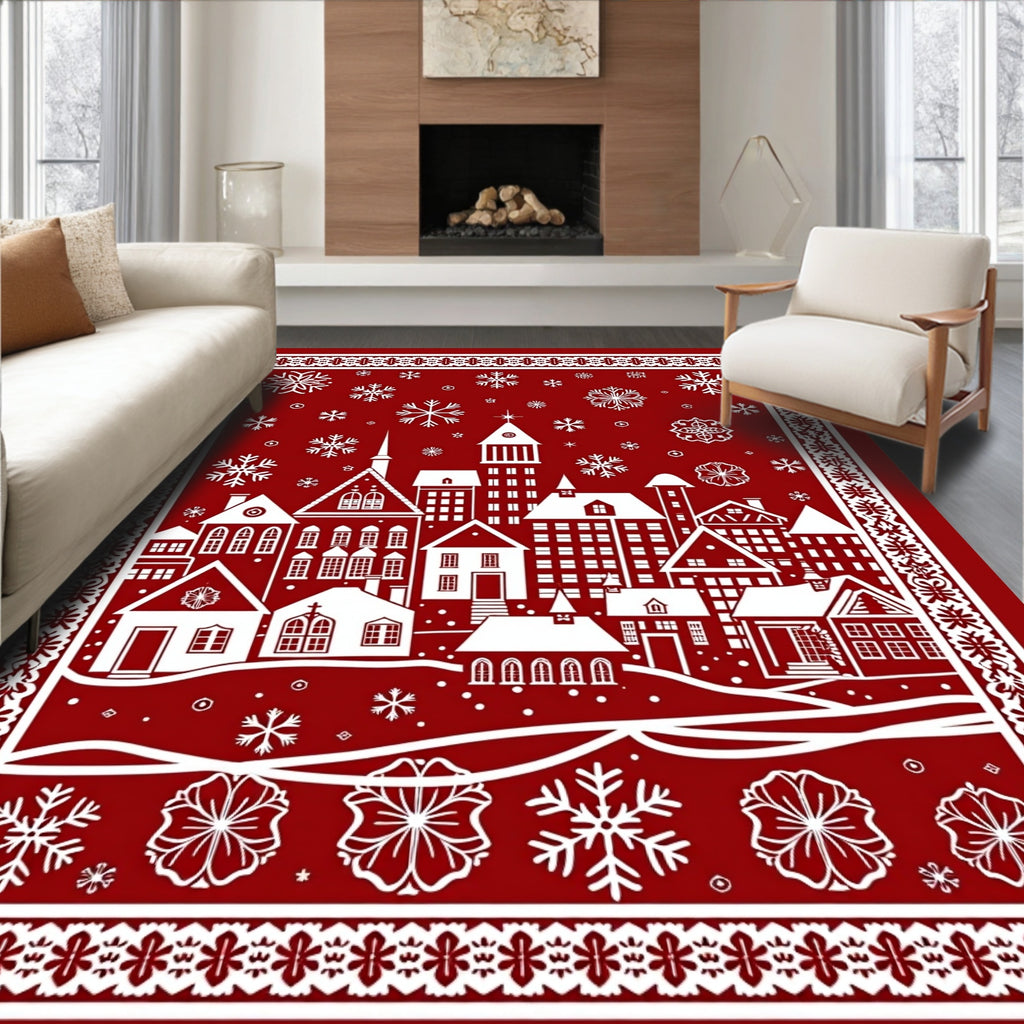 Red White Village Snowflake Border Rug