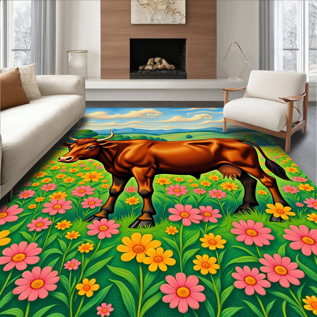 Brown Cow Pink Yellow Floral Meadow Rug