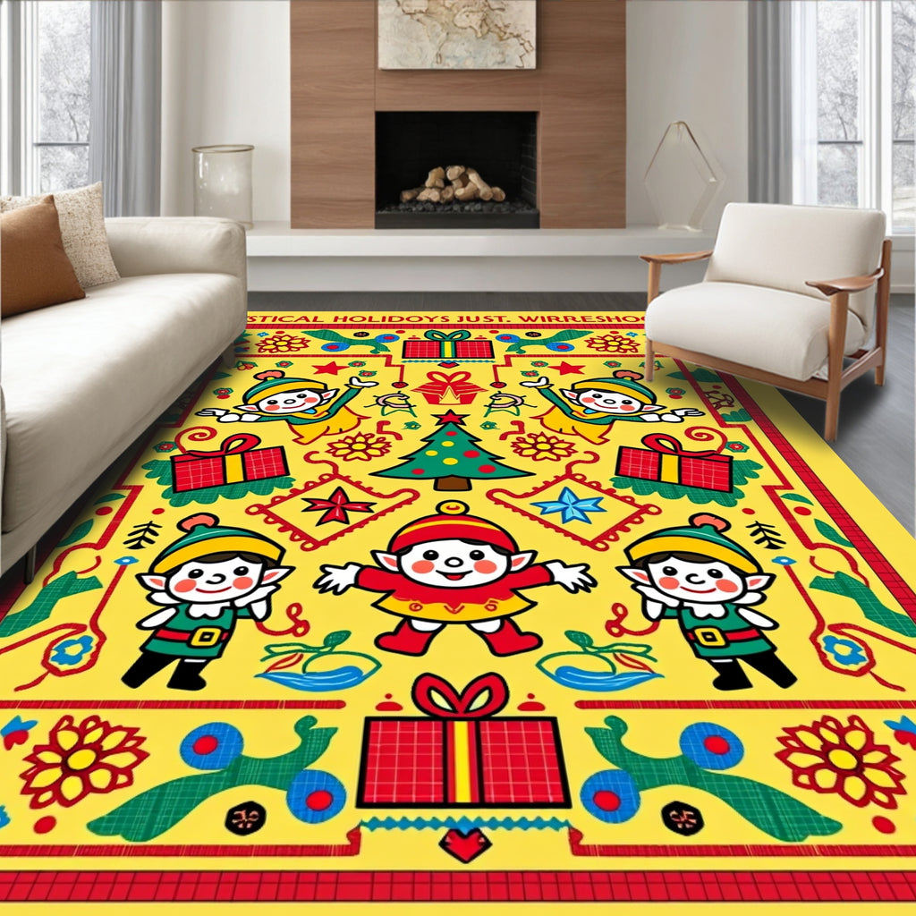 Festive Yellow Elves Christmas Tree Gifts Rug
