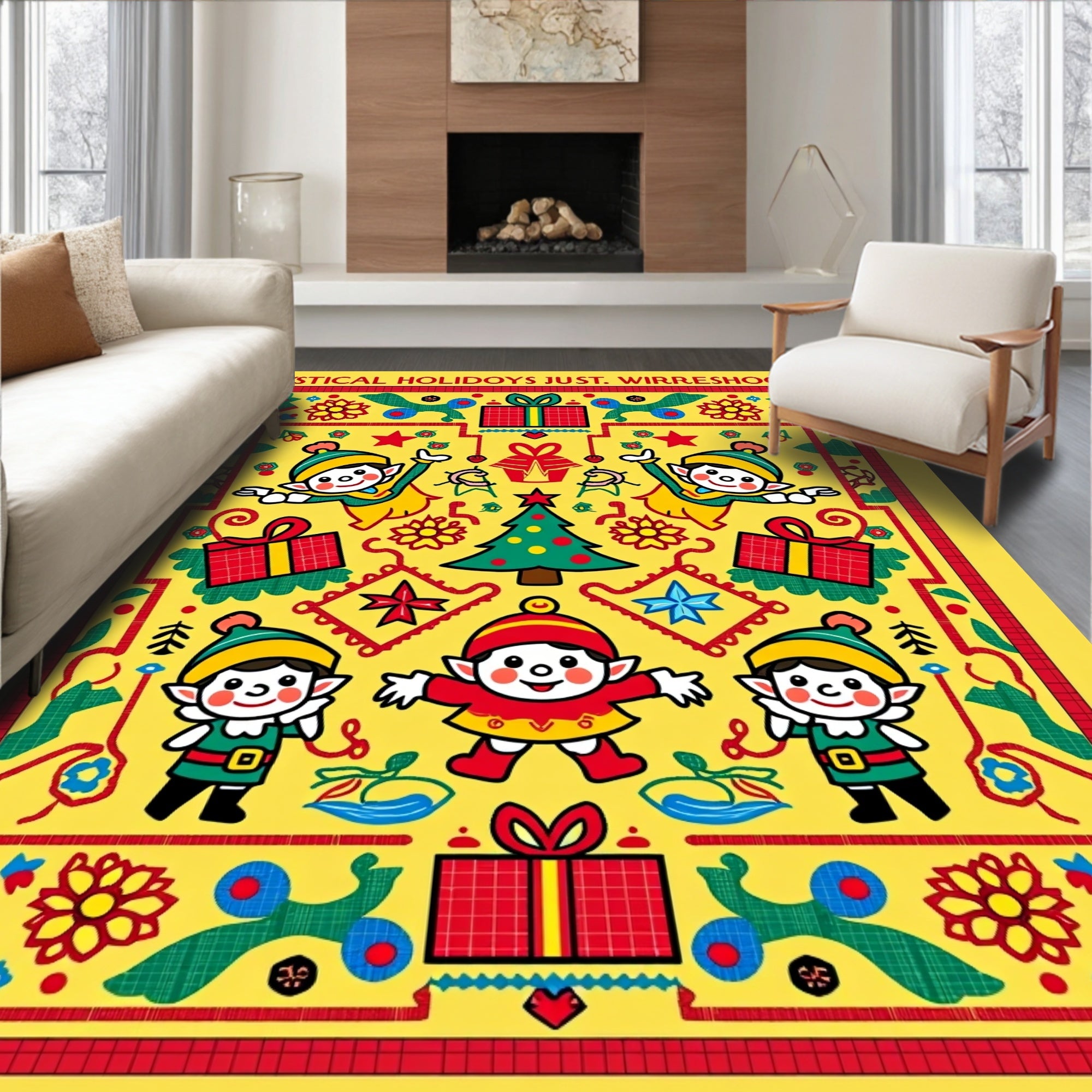Festive Yellow Elves Christmas Tree Gifts Rug