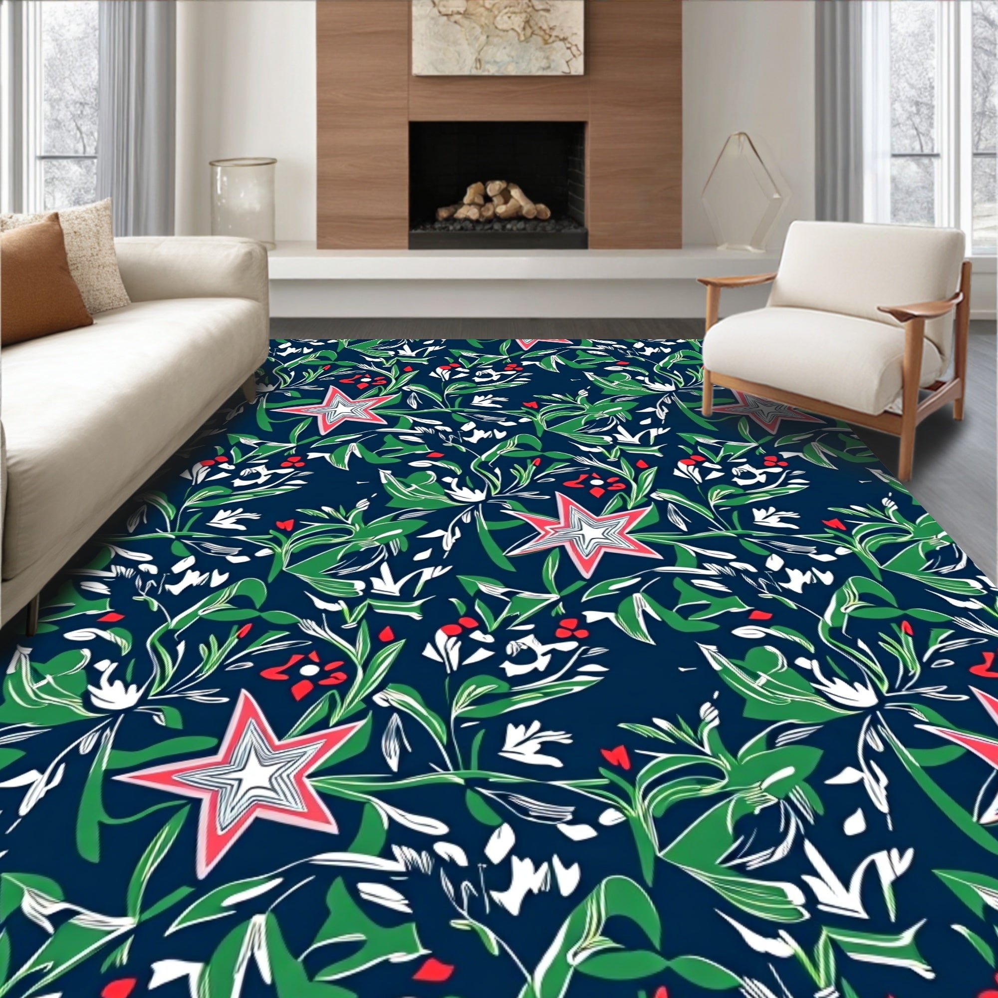 Crimson Star Botanical Navy Rug