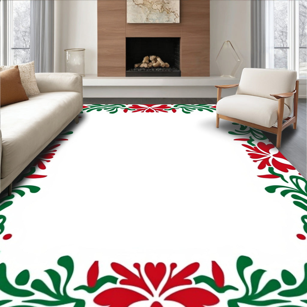 Folkloric Red Green Floral Border Rug