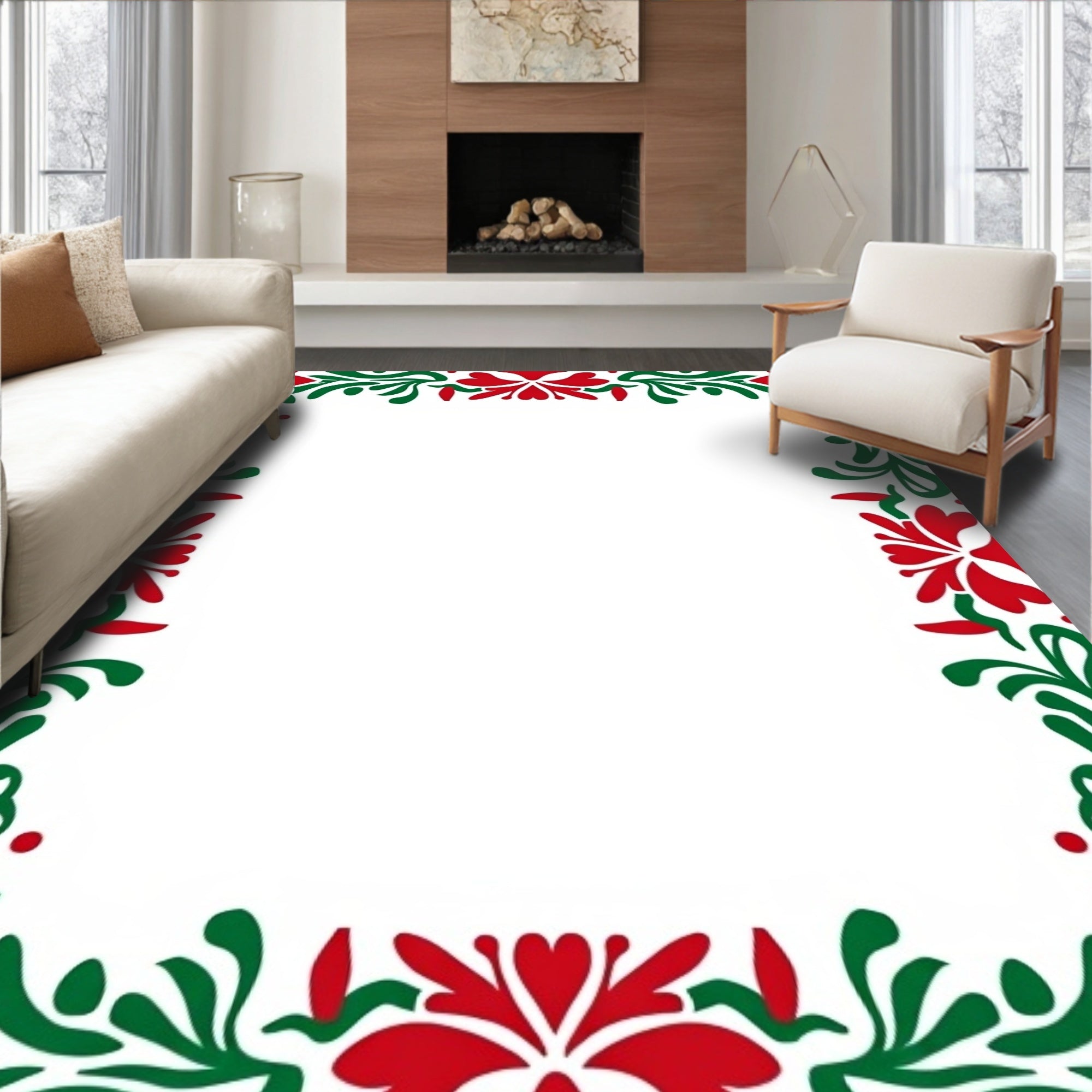 Folkloric Red Green Floral Border Rug