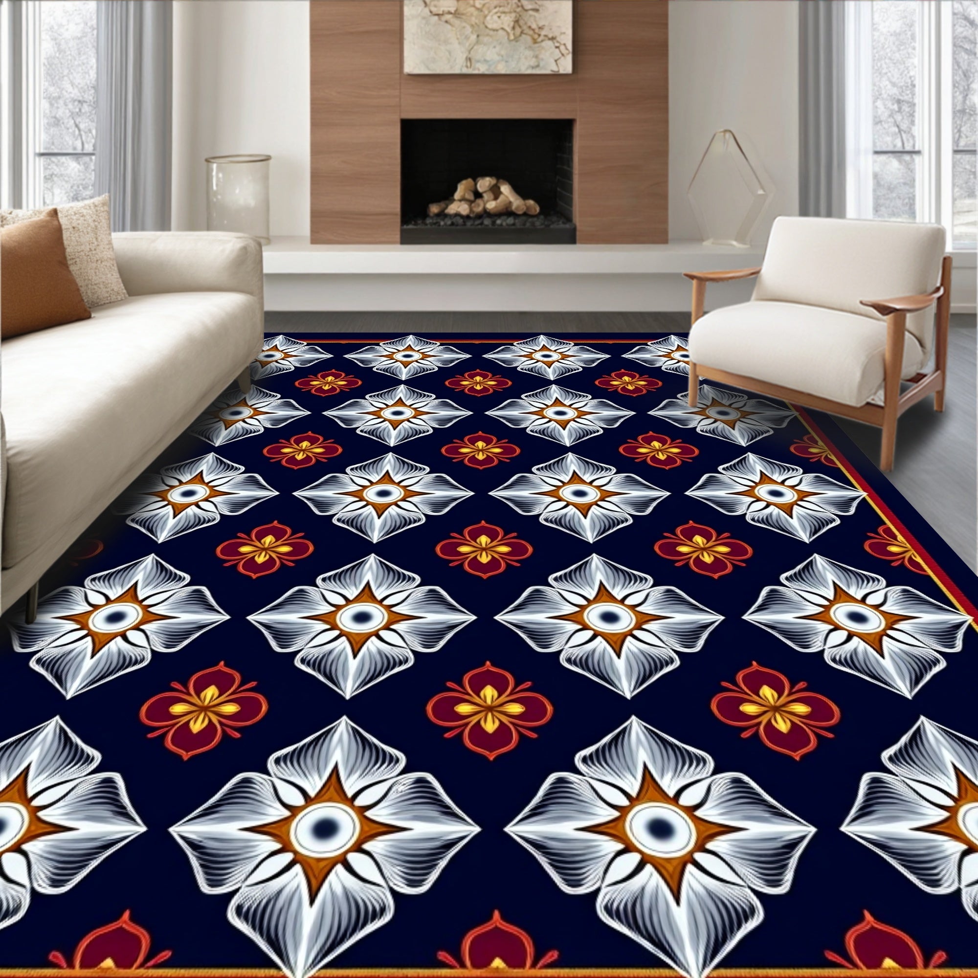 Indigo White Floral Diamond Medallion Rug