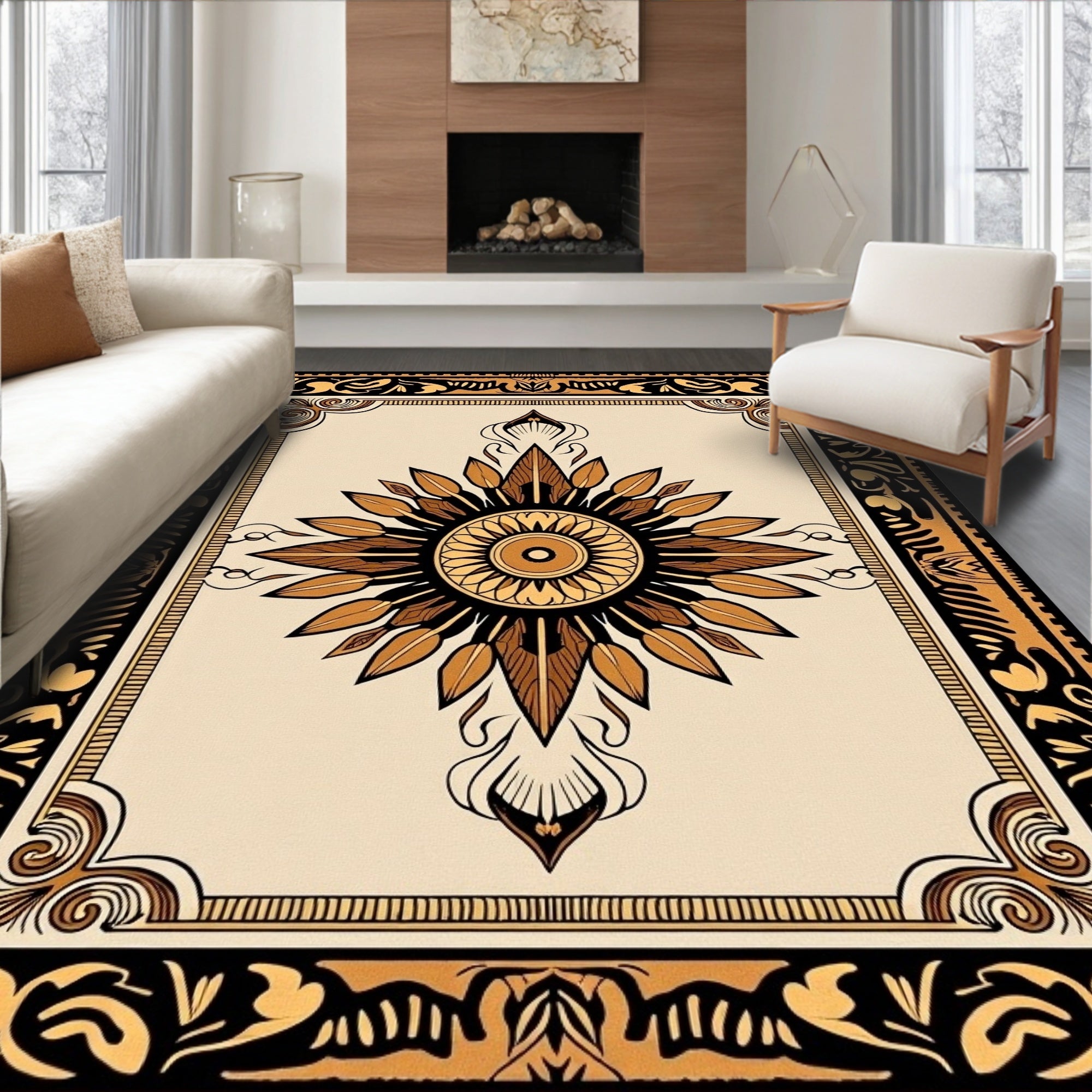 Classic Gold and Black Sunburst Medallion Rug