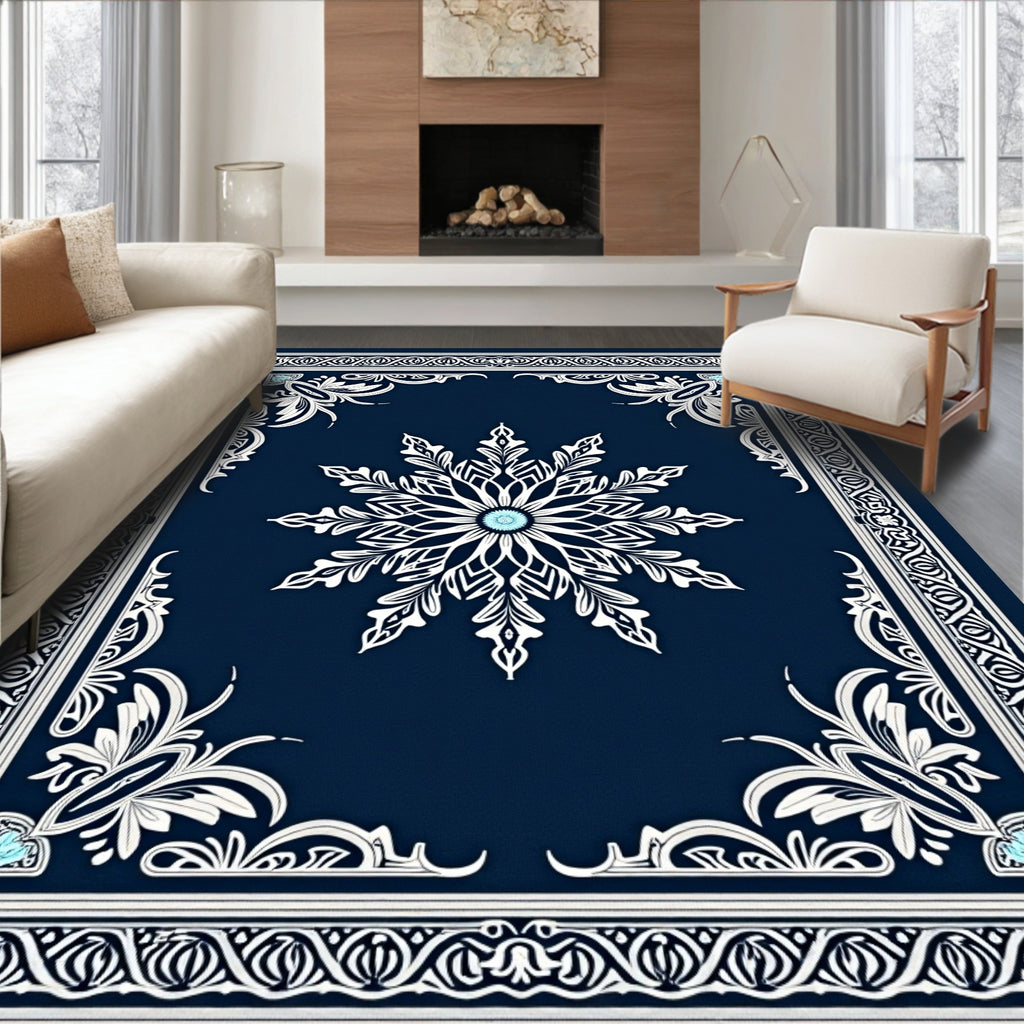 Deep Blue White Snowflake Medallion Rug